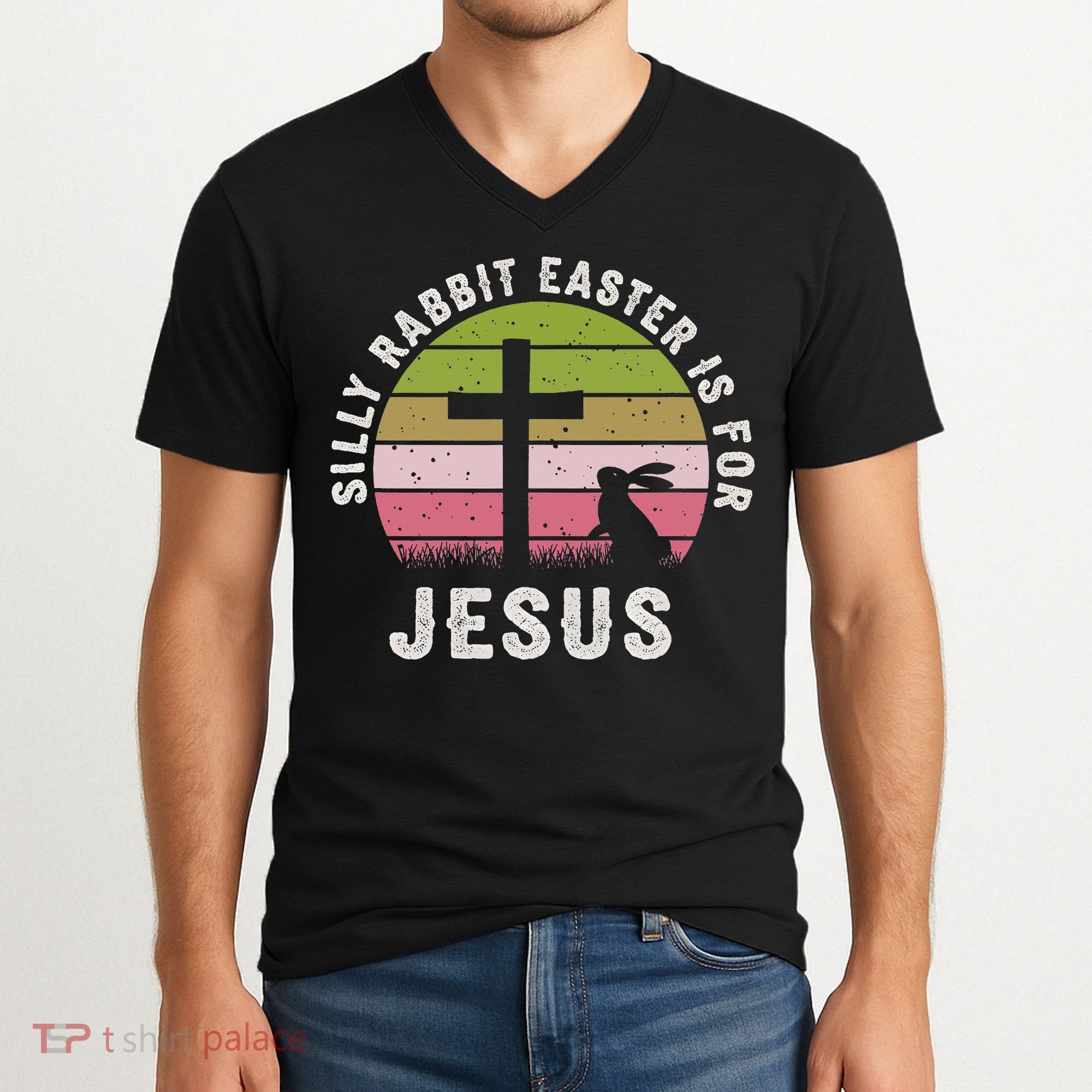 Silly Rabbit Easter Is For Jesus Retro Easter Christian V-Neck T-Shirt