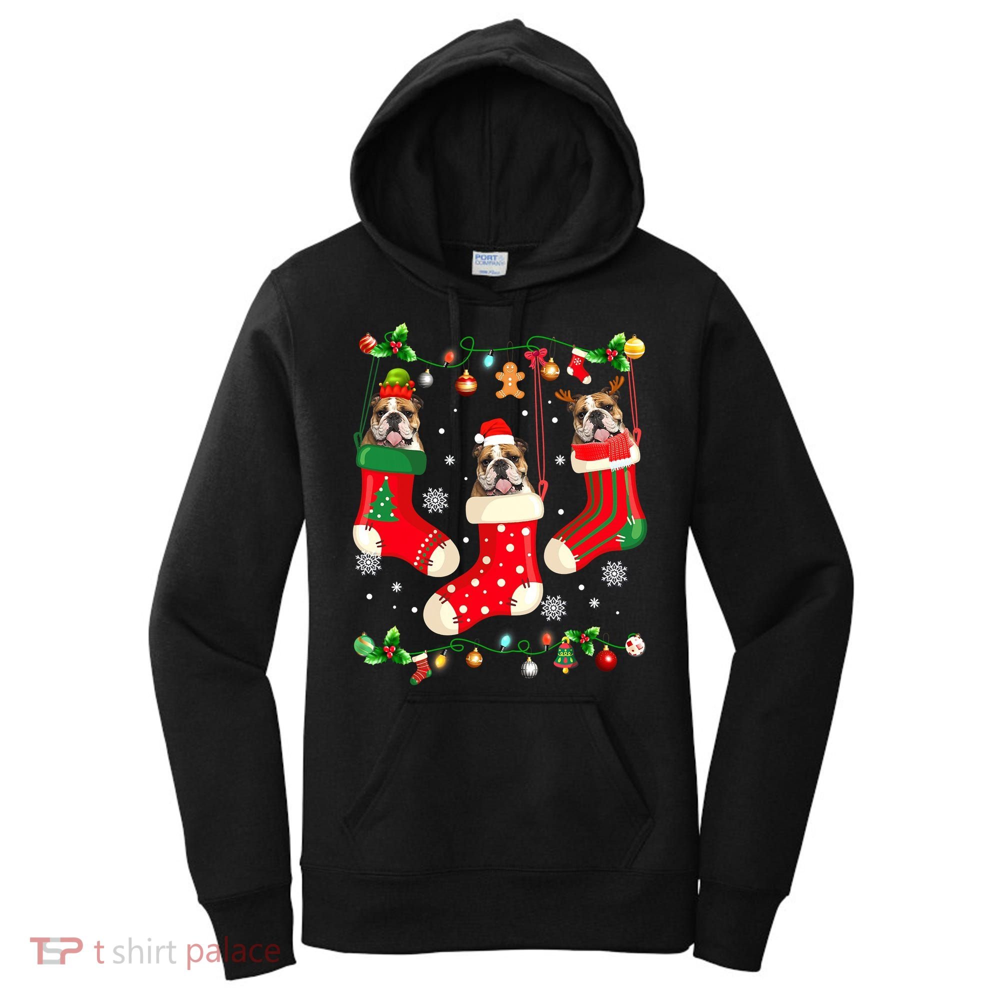 Santa Reindeer Elf English Bulldog in Christmas Socks Xmas Women's Hoodie