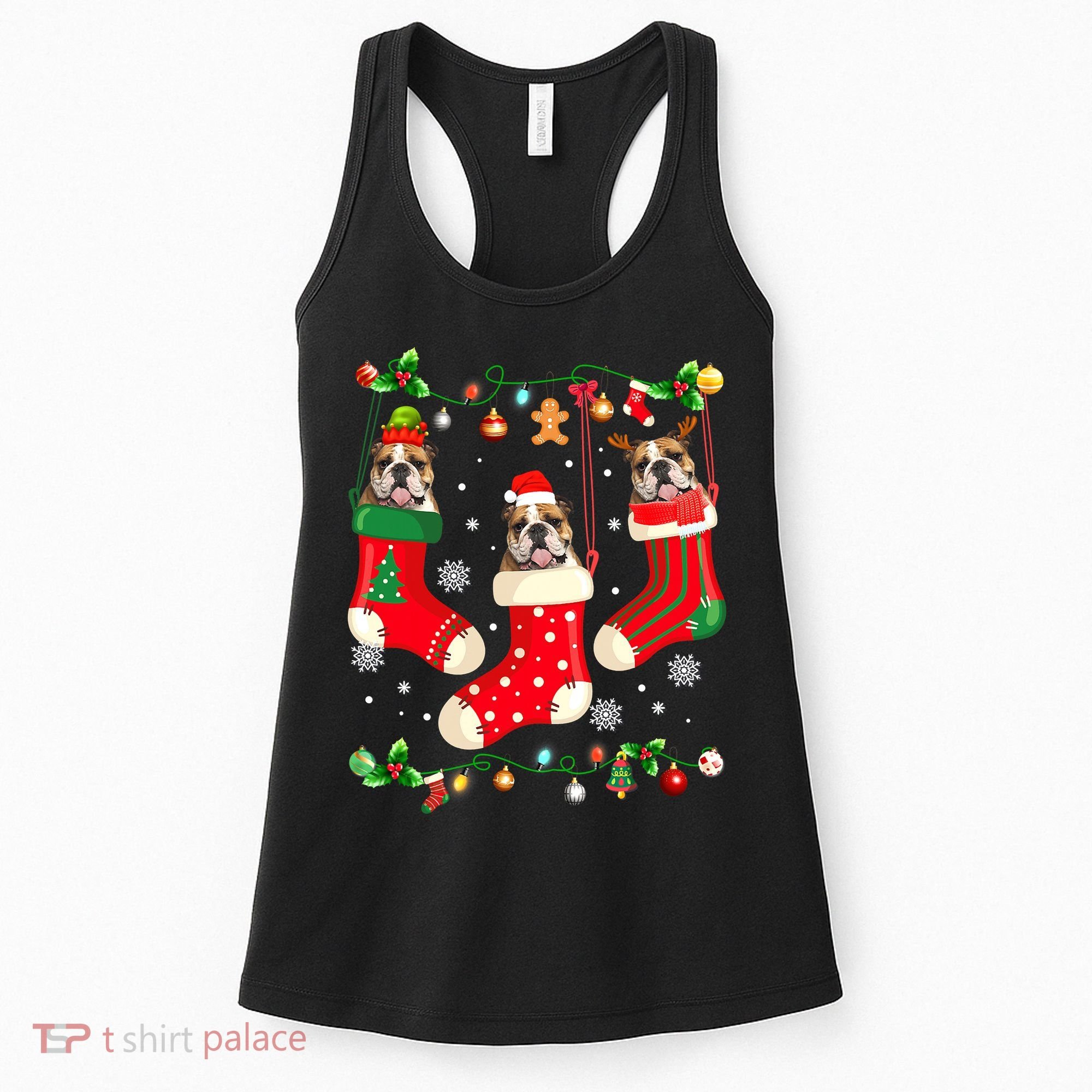 Santa Reindeer Elf English Bulldog in Christmas Socks Xmas Women's Tank Top