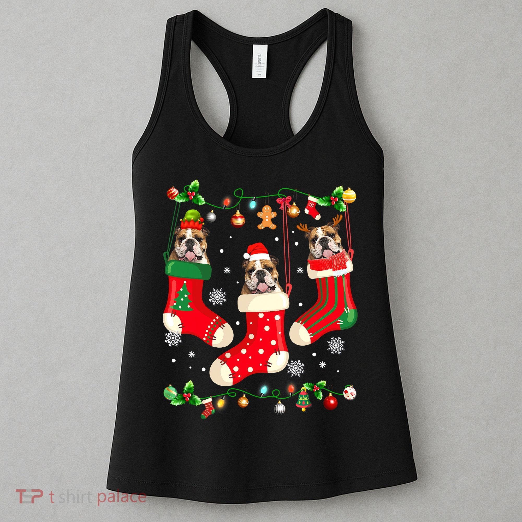 Santa Reindeer Elf English Bulldog in Christmas Socks Xmas Women's Tank Top