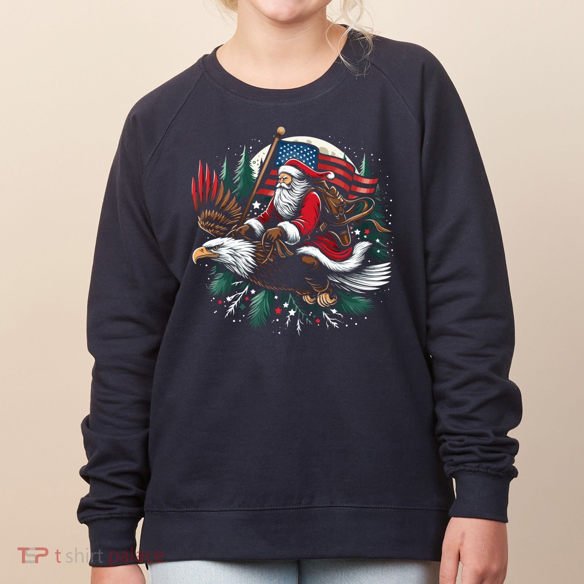 Santa Riding Eagle Usa Flag Christmas Women's Sweatshirt