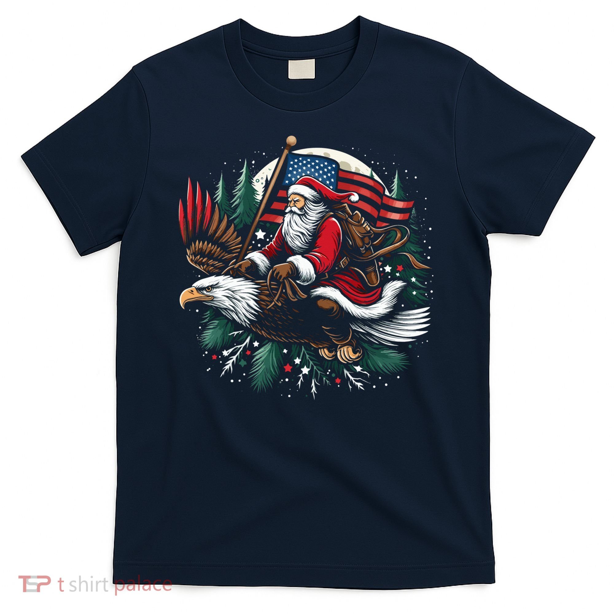 Santa Riding Eagle Usa Flag Christmas T-Shirt