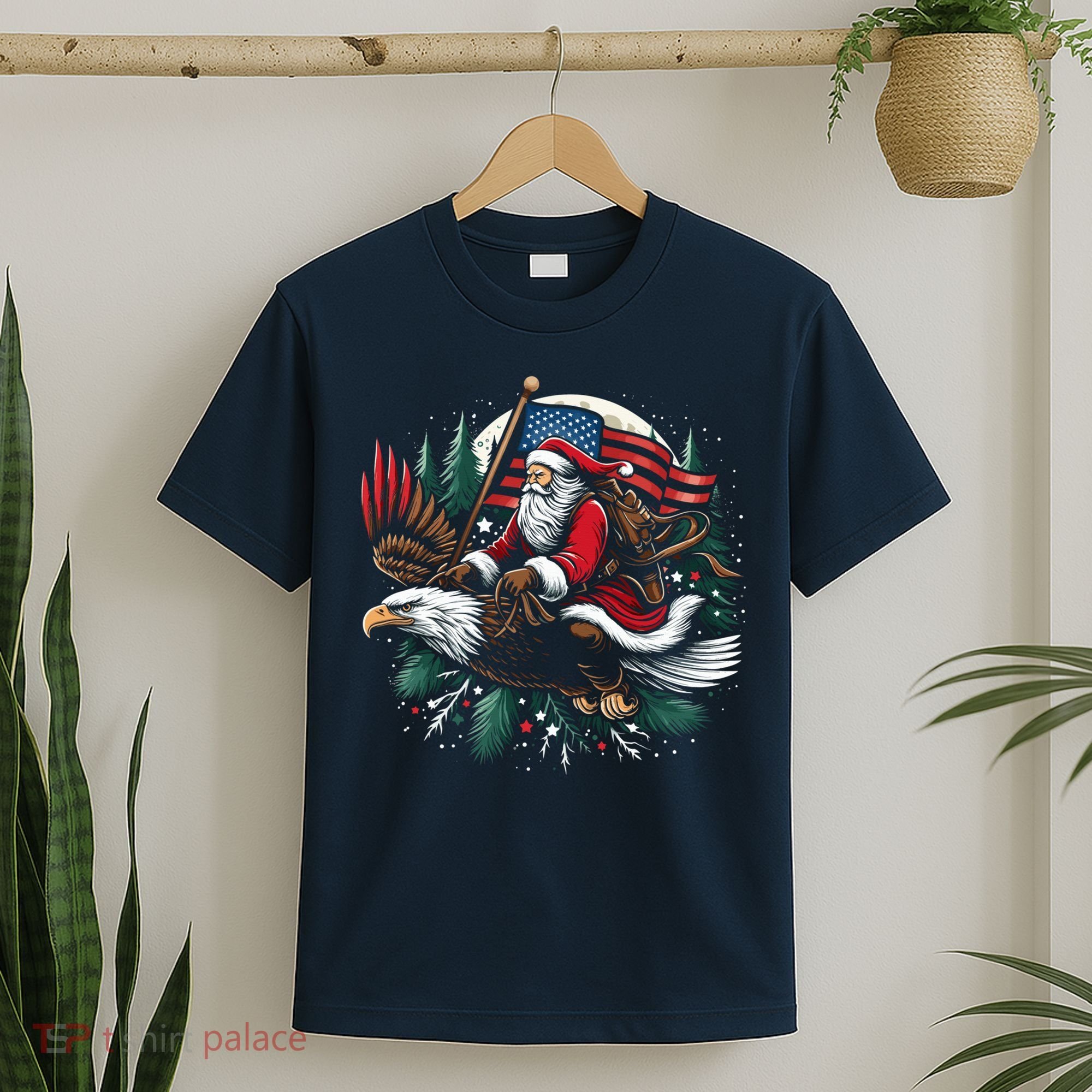 Santa Riding Eagle Usa Flag Christmas T-Shirt