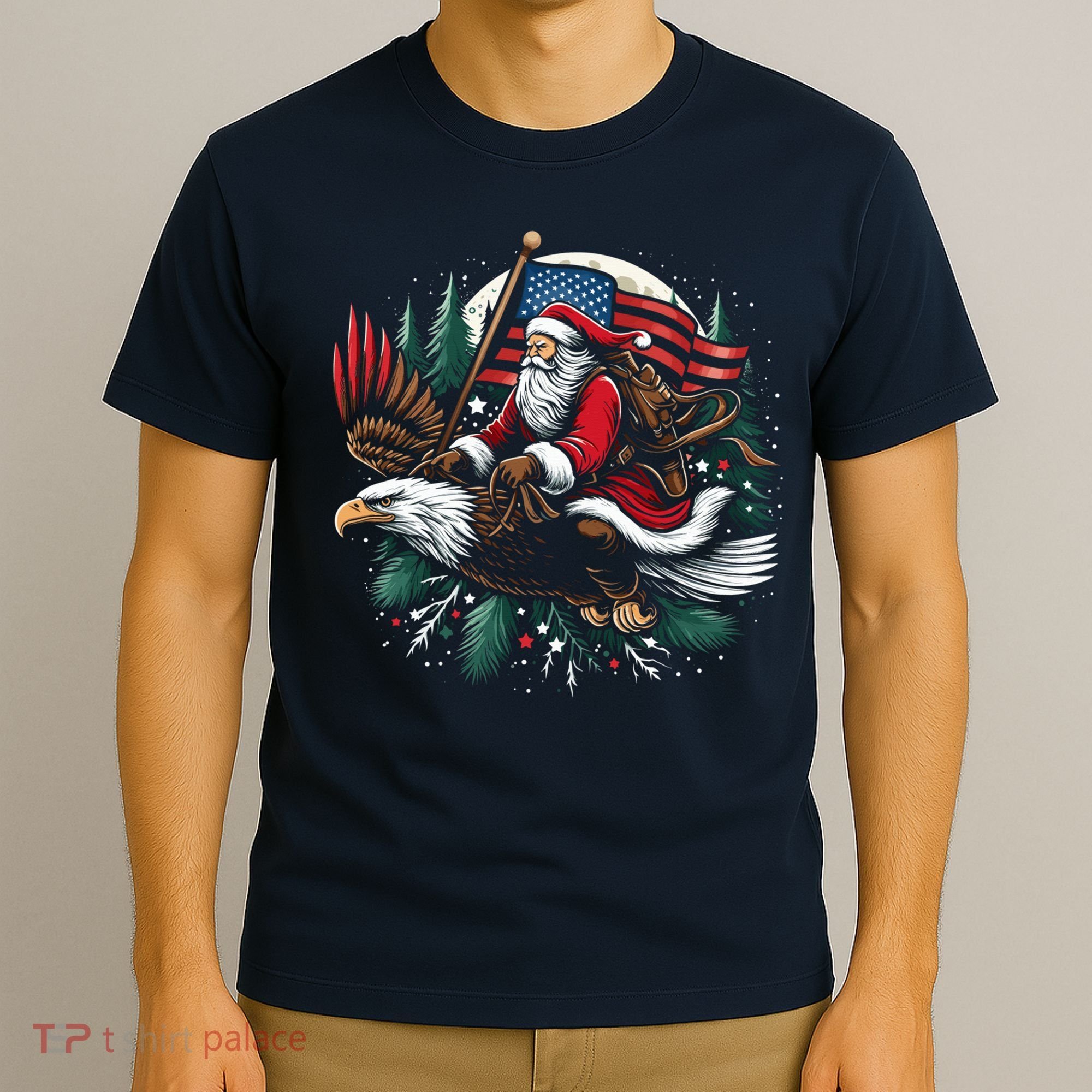 Santa Riding Eagle Usa Flag Christmas T-Shirt