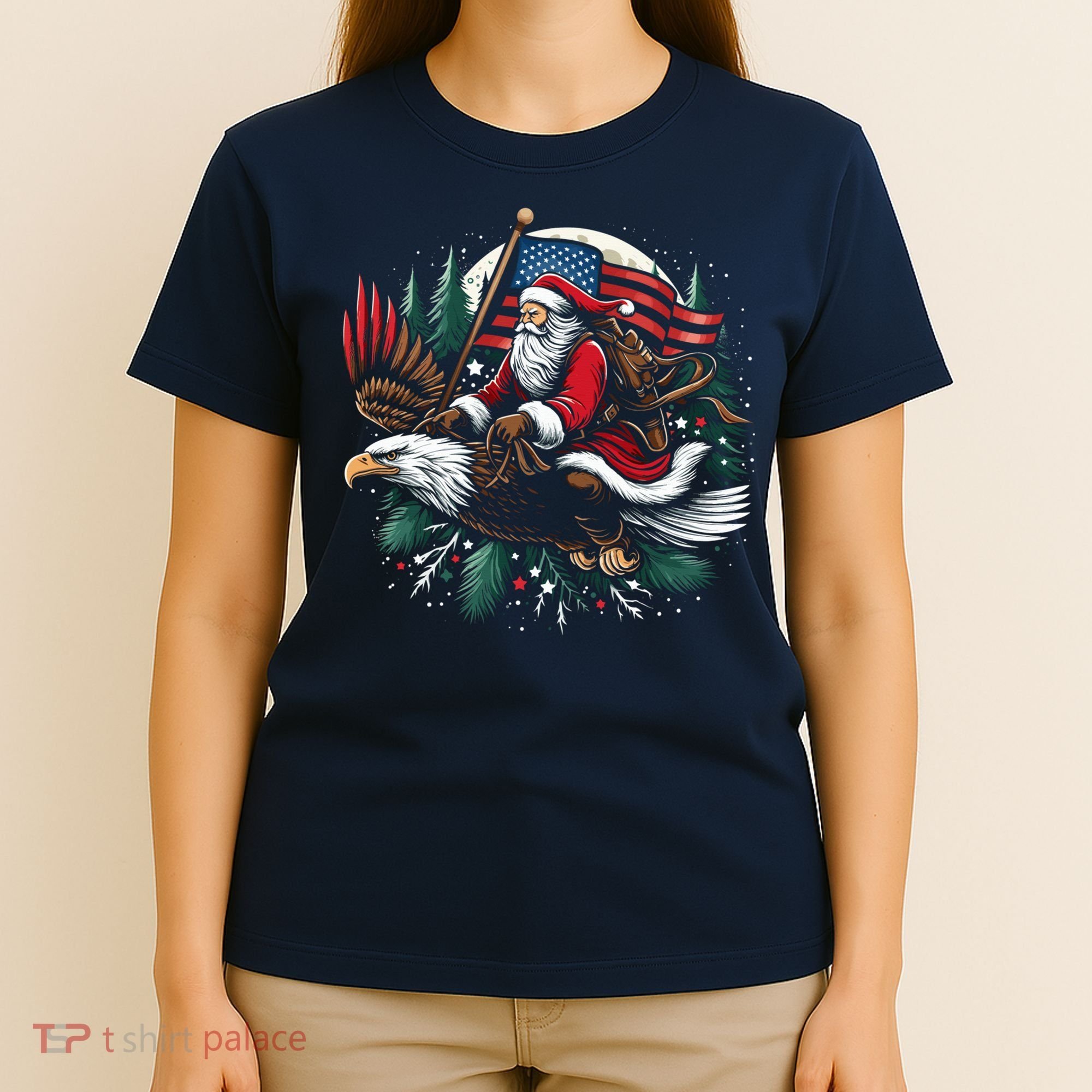 Santa Riding Eagle Usa Flag Christmas T-Shirt