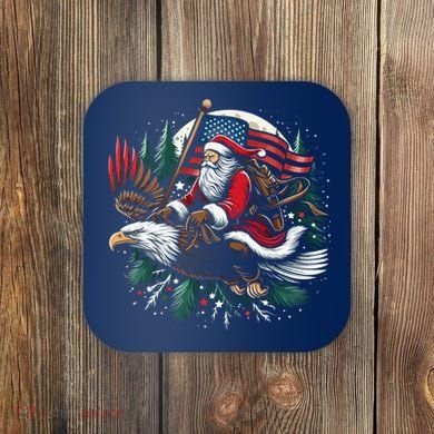 Santa Riding Eagle Usa Flag Christmas Coaster