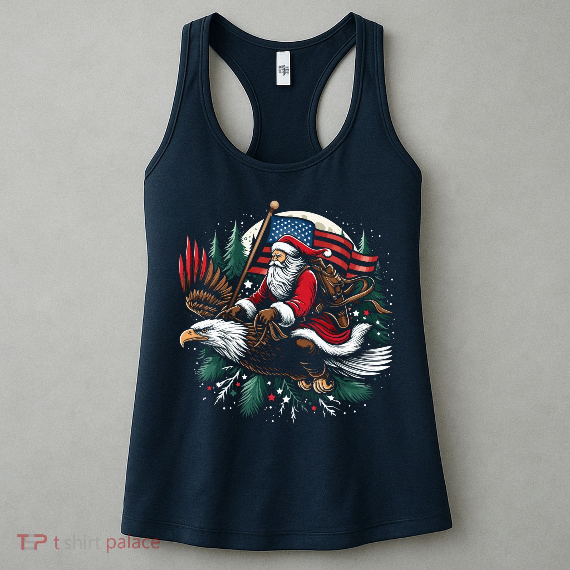 Santa Riding Eagle Usa Flag Christmas Women's Tank Top