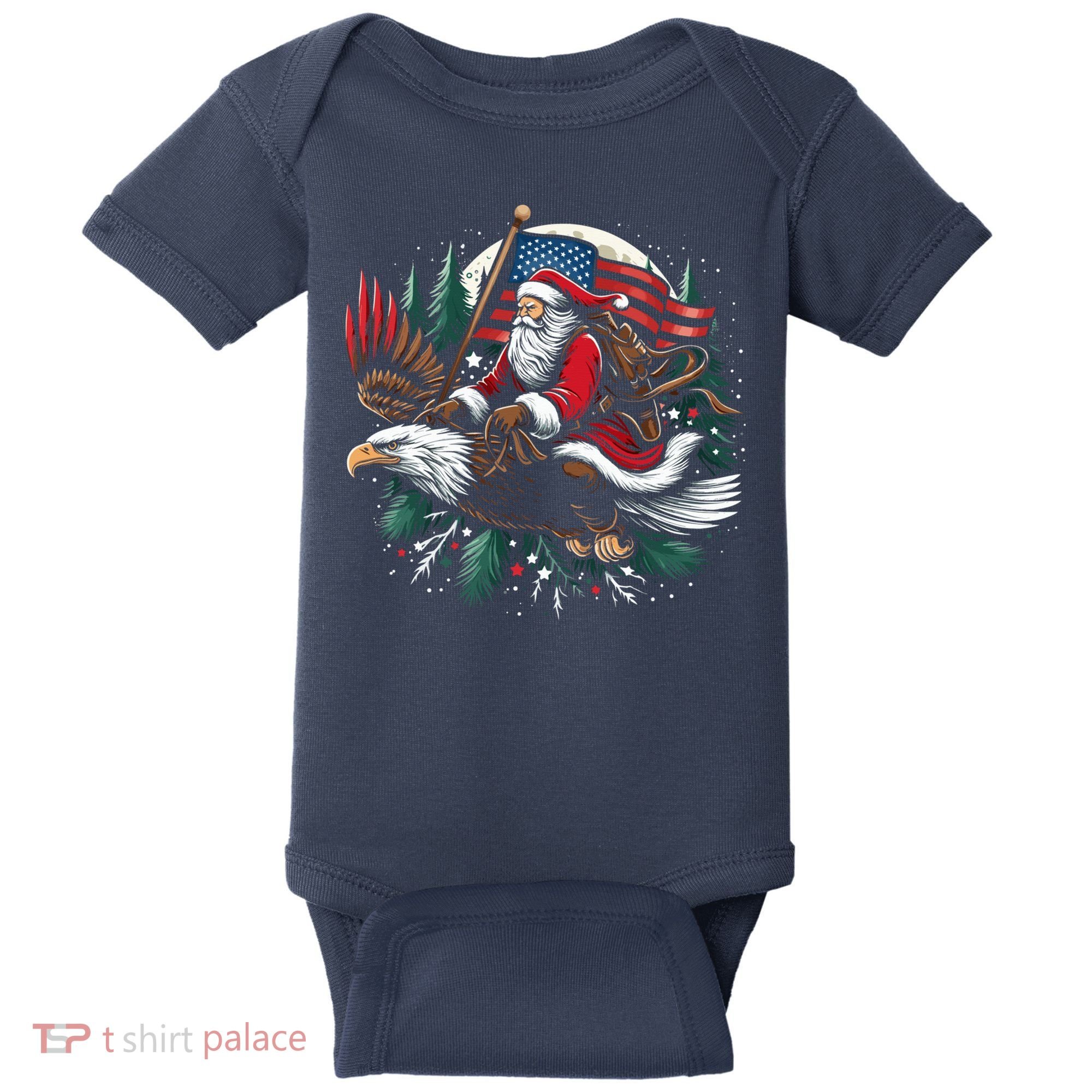 Santa Riding Eagle Usa Flag Christmas Baby Bodysuit