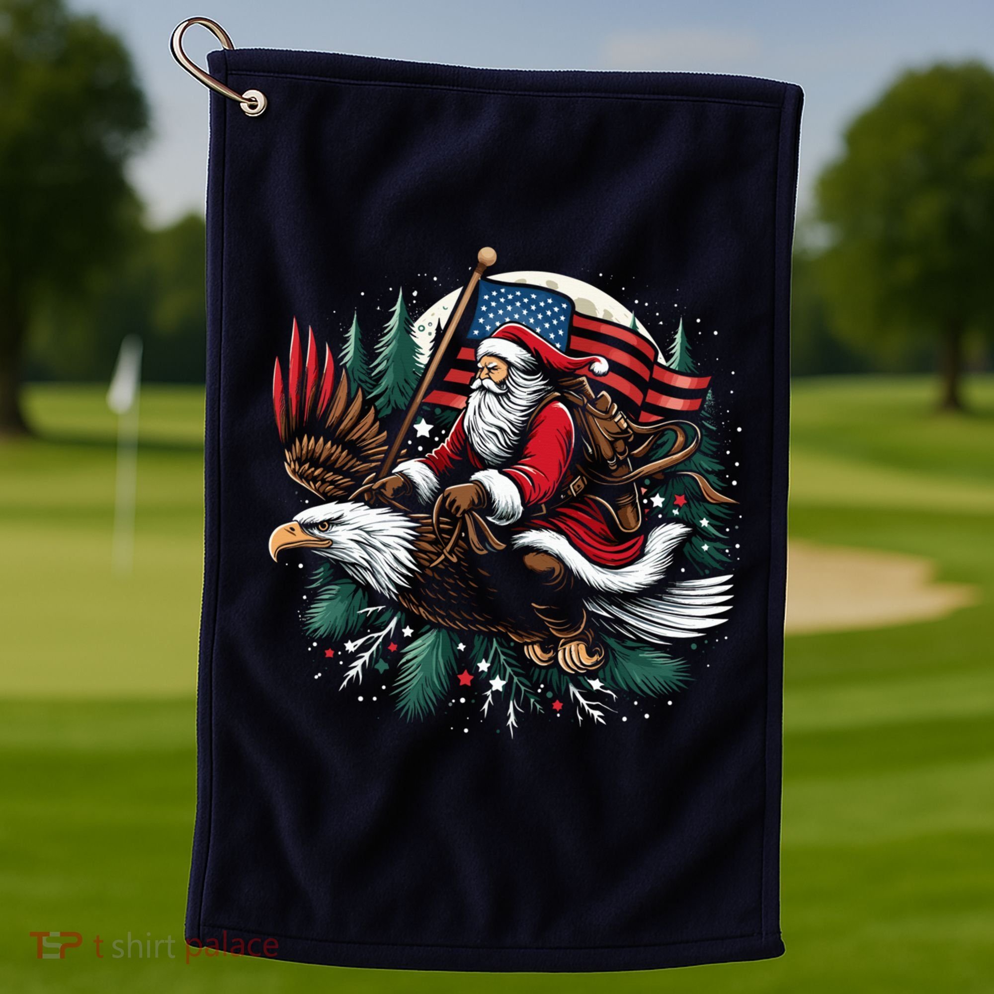 Santa Riding Eagle Usa Flag Christmas Golf Towel