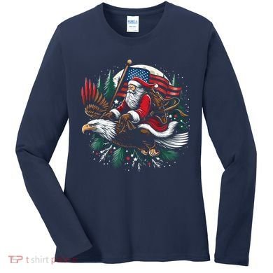 Santa Riding Eagle Usa Flag Christmas Women's Long Sleeve Shirt