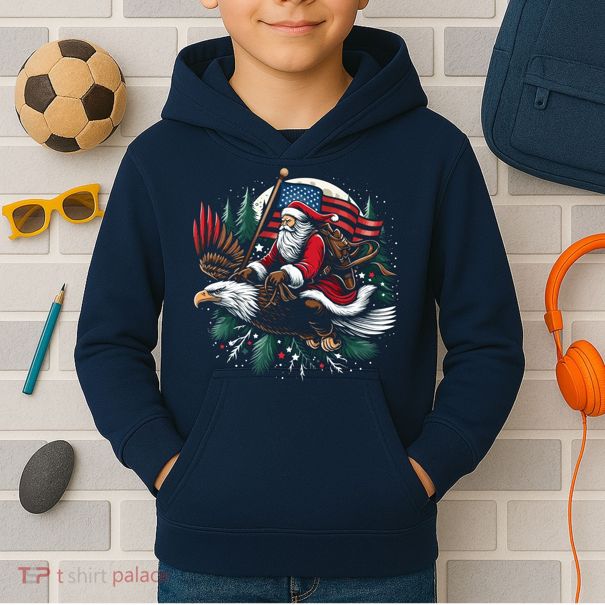 Santa Riding Eagle Usa Flag Christmas Kids Hoodie