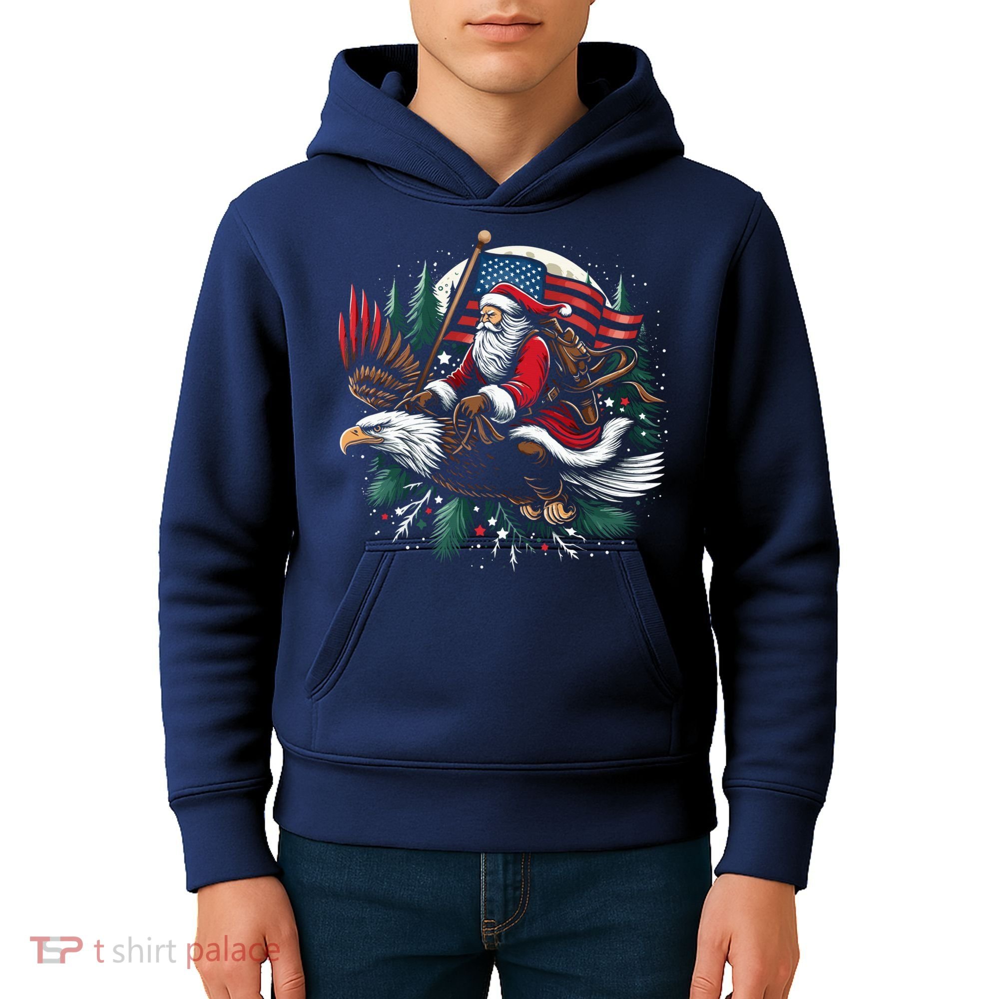 Santa Riding Eagle Usa Flag Christmas Kids Hoodie