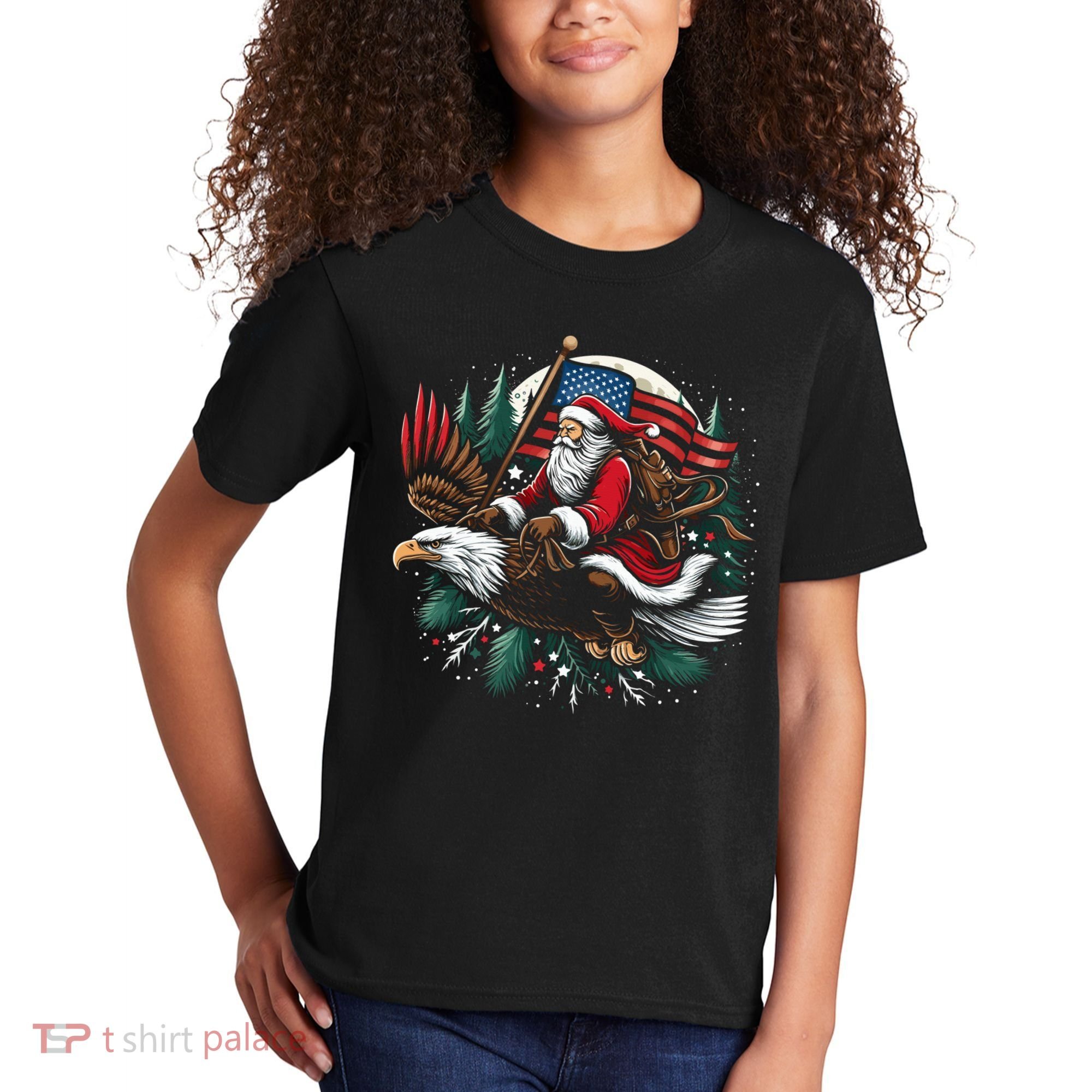 Santa Riding Eagle Usa Flag Christmas Kids T-Shirt