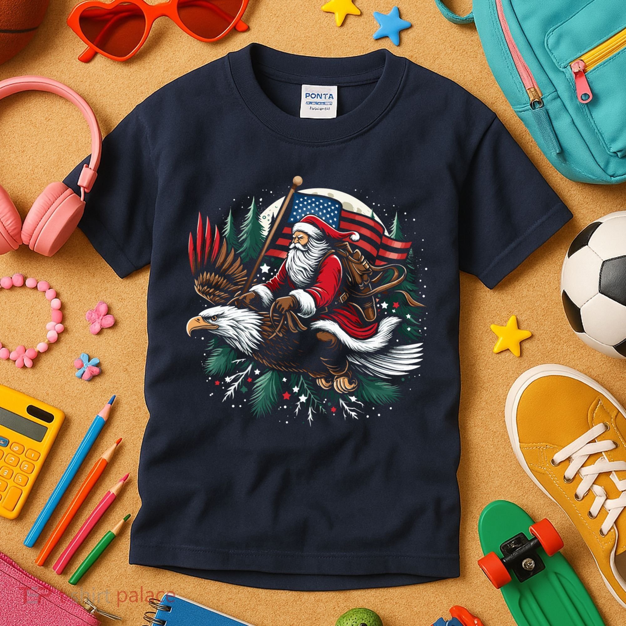 Santa Riding Eagle Usa Flag Christmas Kids T-Shirt