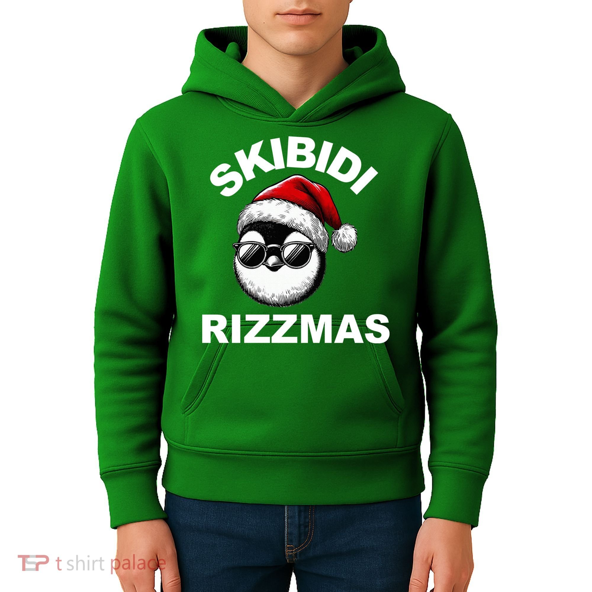 Skibidi Rizzmas Funny Christmas Penguin Kids Hoodie