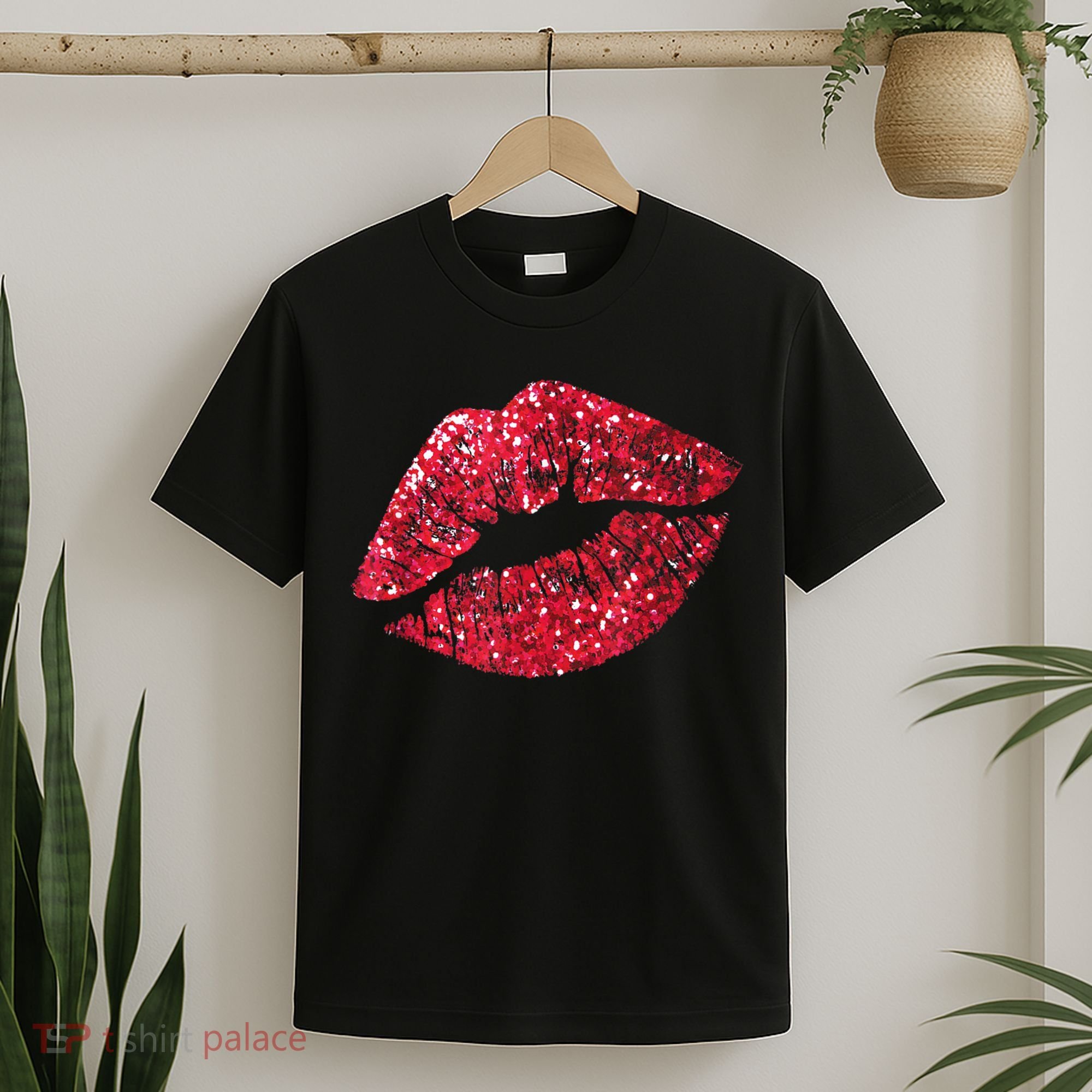 Sexy Red Glitter Lips Kiss Me Love Makeup Lipstick Shirt Tee T-Shirt