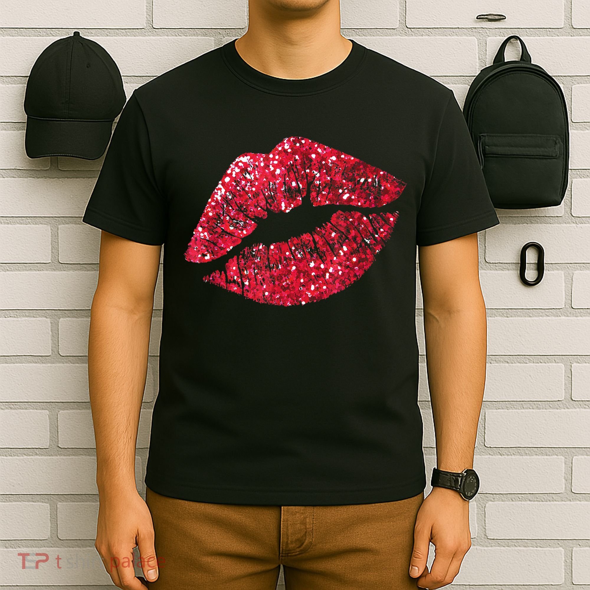 Sexy Red Glitter Lips Kiss Me Love Makeup Lipstick Shirt Tee T-Shirt