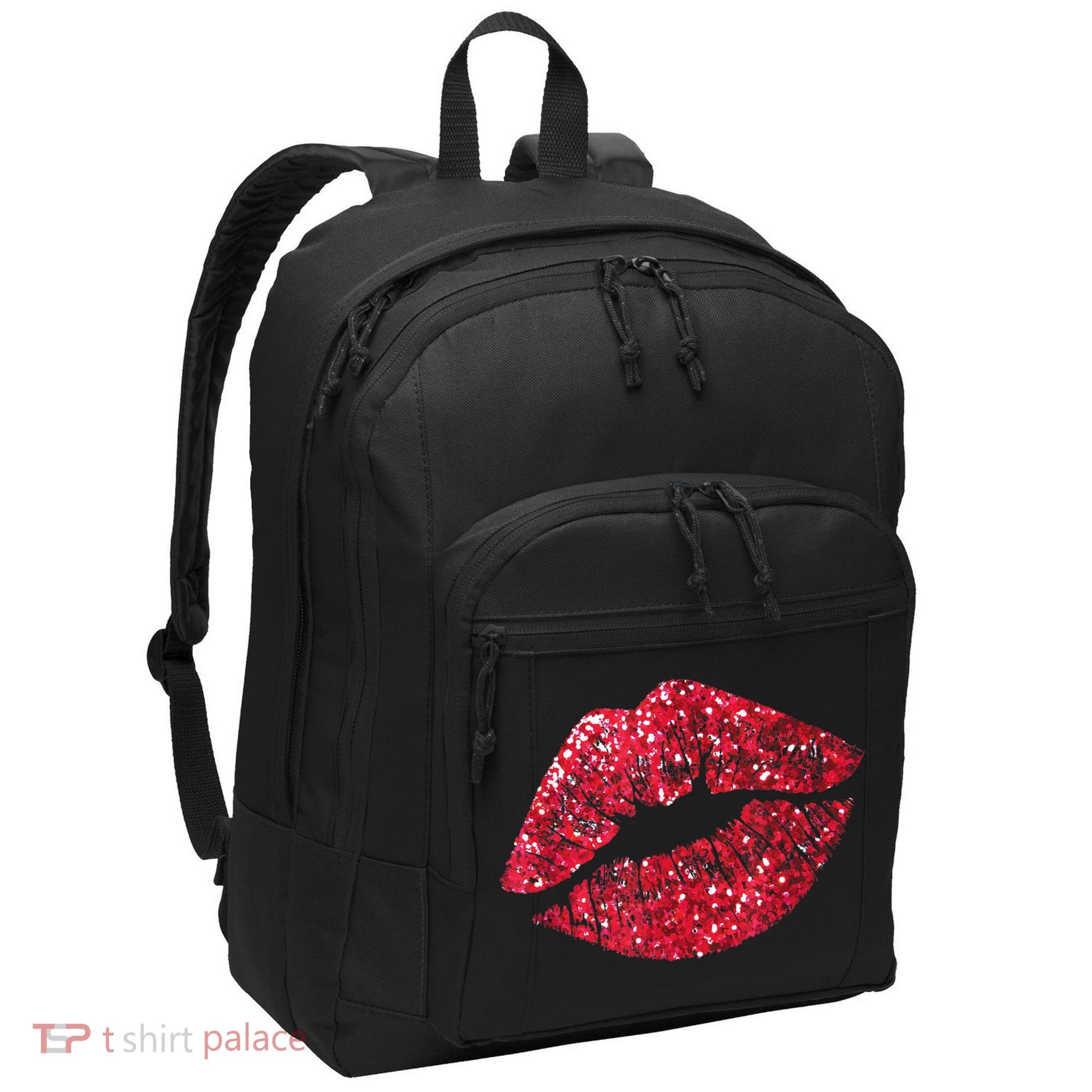 Sexy Red Glitter Lips Kiss Me Love Makeup Lipstick Shirt Tee Port Authority Basic Backpack