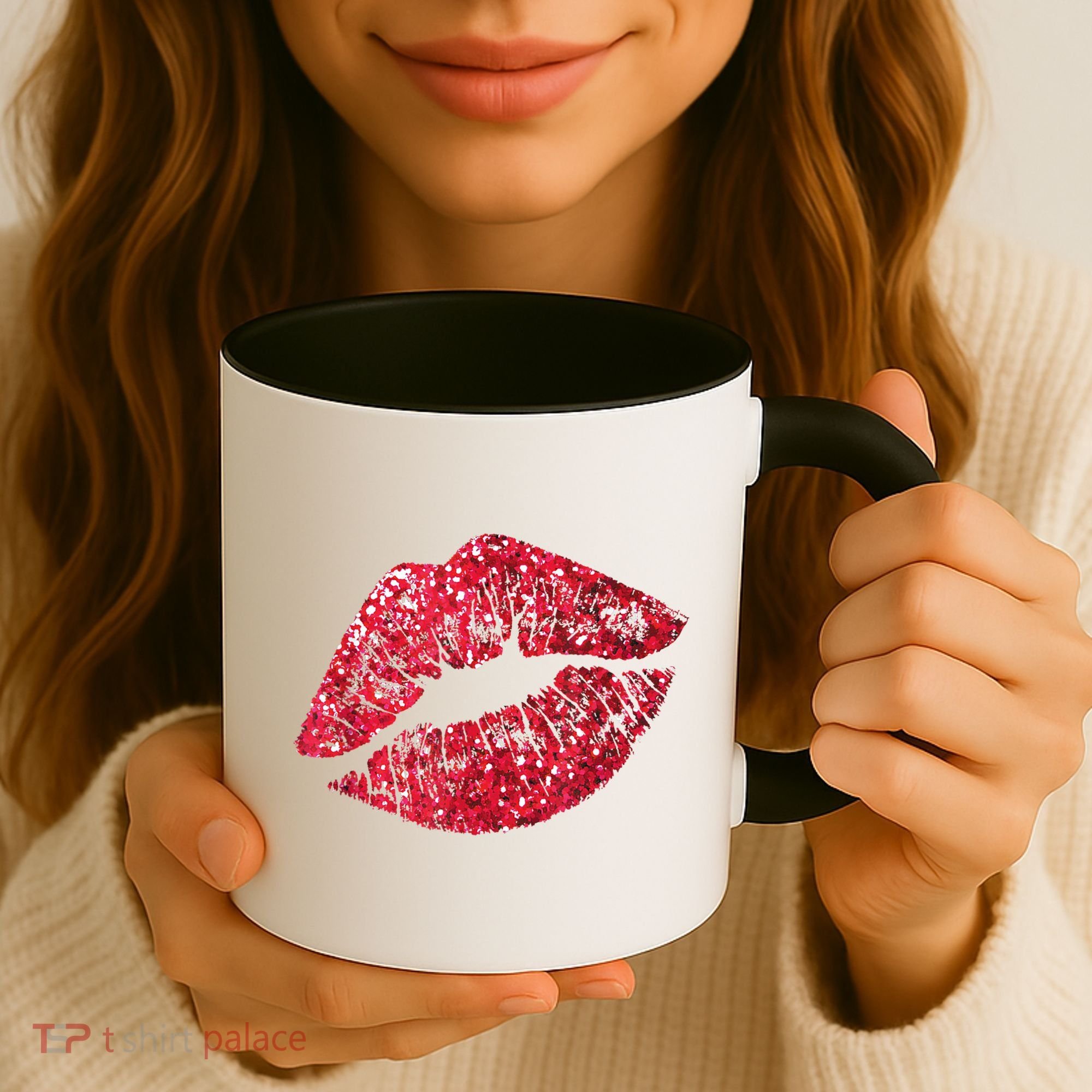 Sexy Red Glitter Lips Kiss Me Love Makeup Lipstick Shirt Tee Coffee Mug