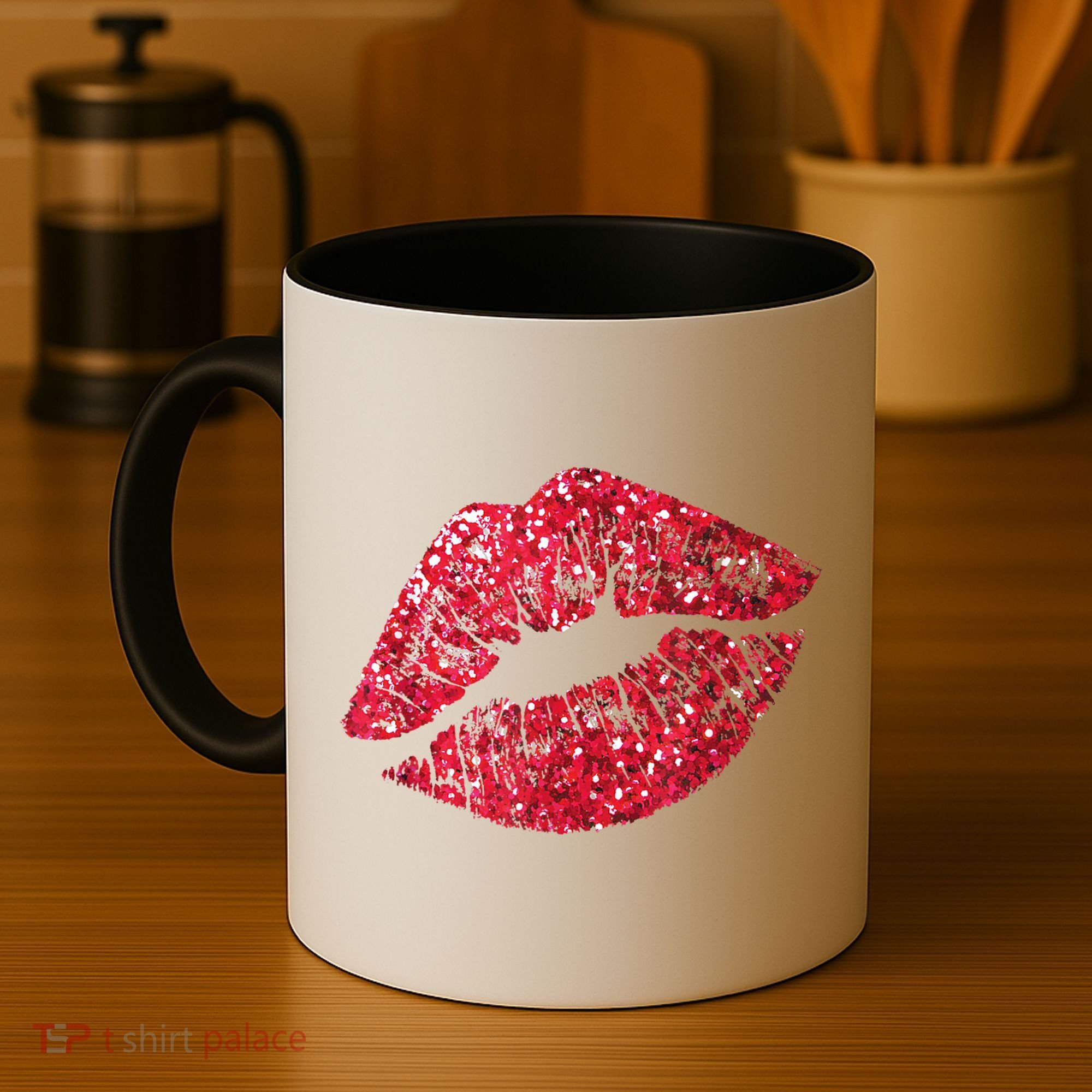 Sexy Red Glitter Lips Kiss Me Love Makeup Lipstick Shirt Tee Coffee Mug