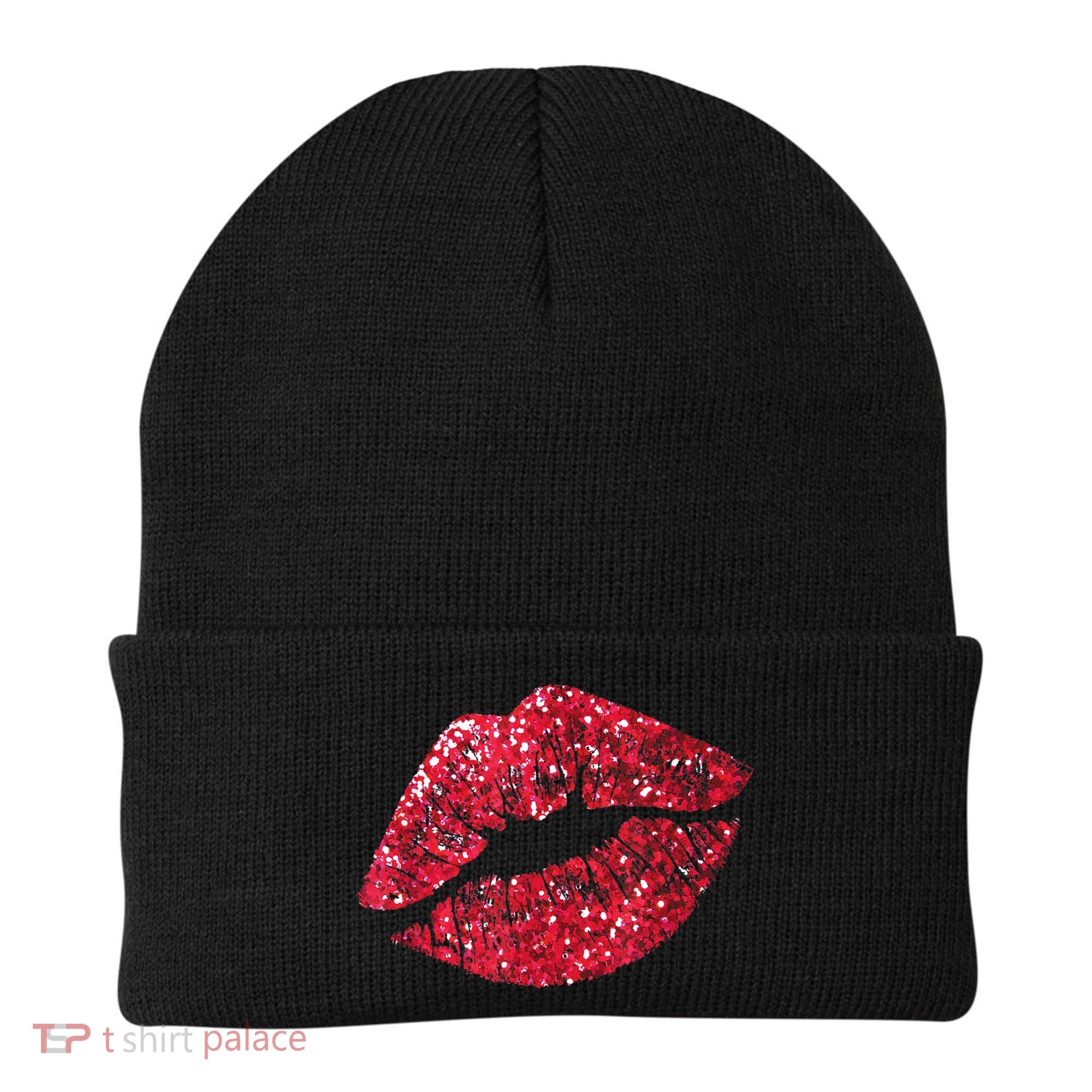 Sexy Red Glitter Lips Kiss Me Love Makeup Lipstick Shirt Tee Beanie