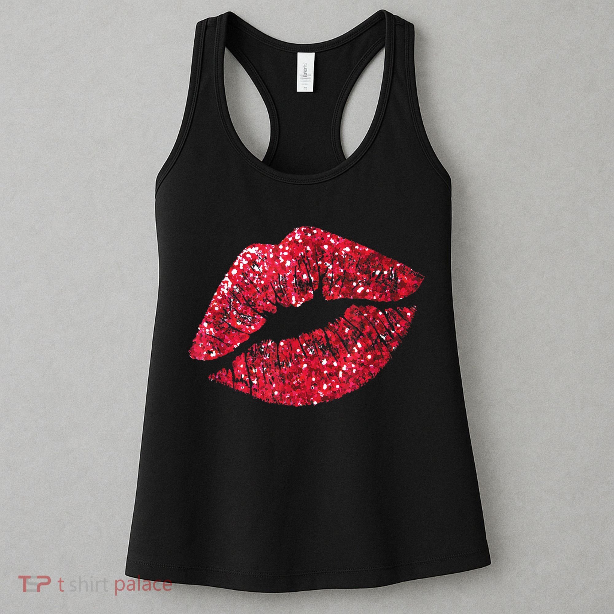 Sexy Red Glitter Lips Kiss Me Love Makeup Lipstick Shirt Tee Women's Tank Top