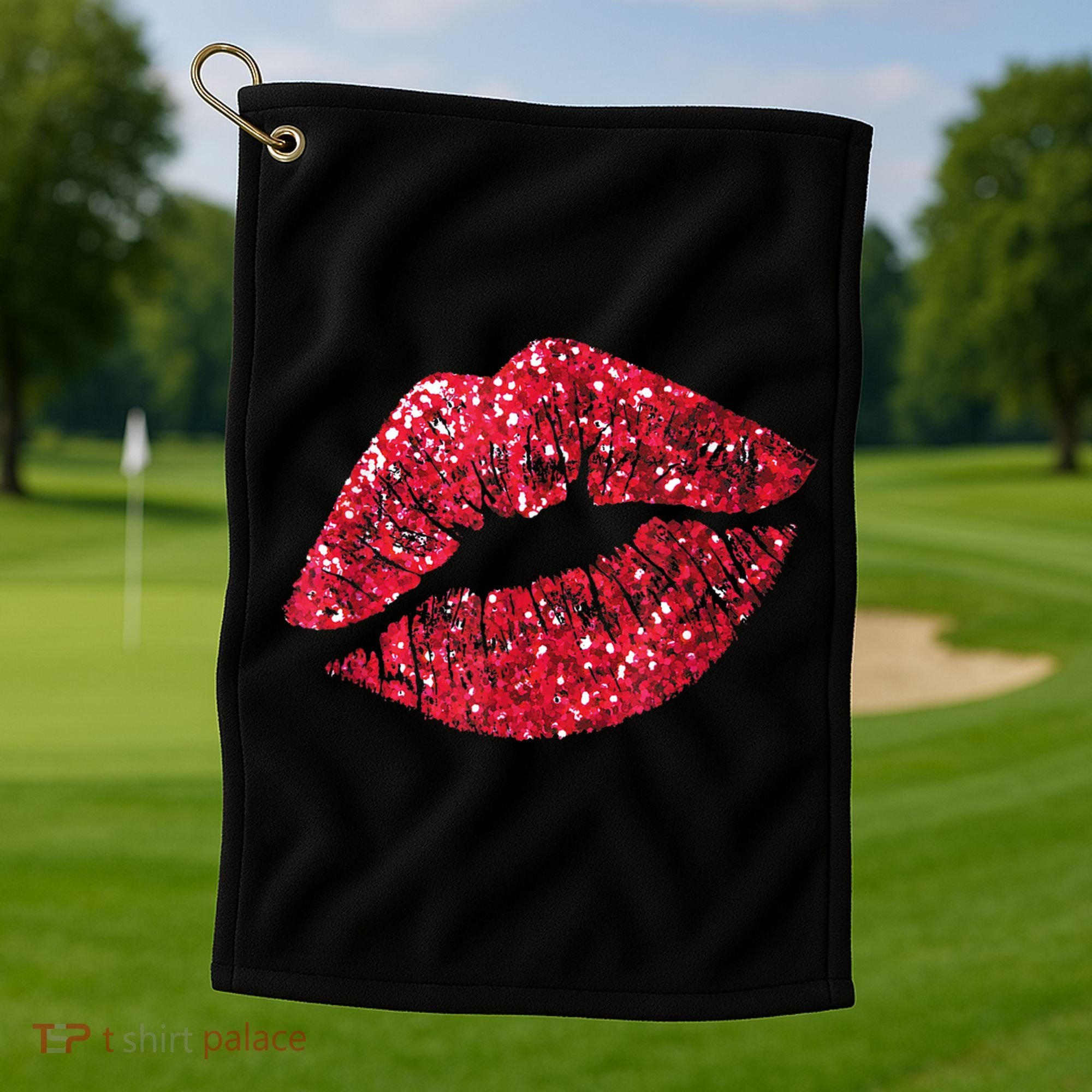 Sexy Red Glitter Lips Kiss Me Love Makeup Lipstick Shirt Tee Golf Towel