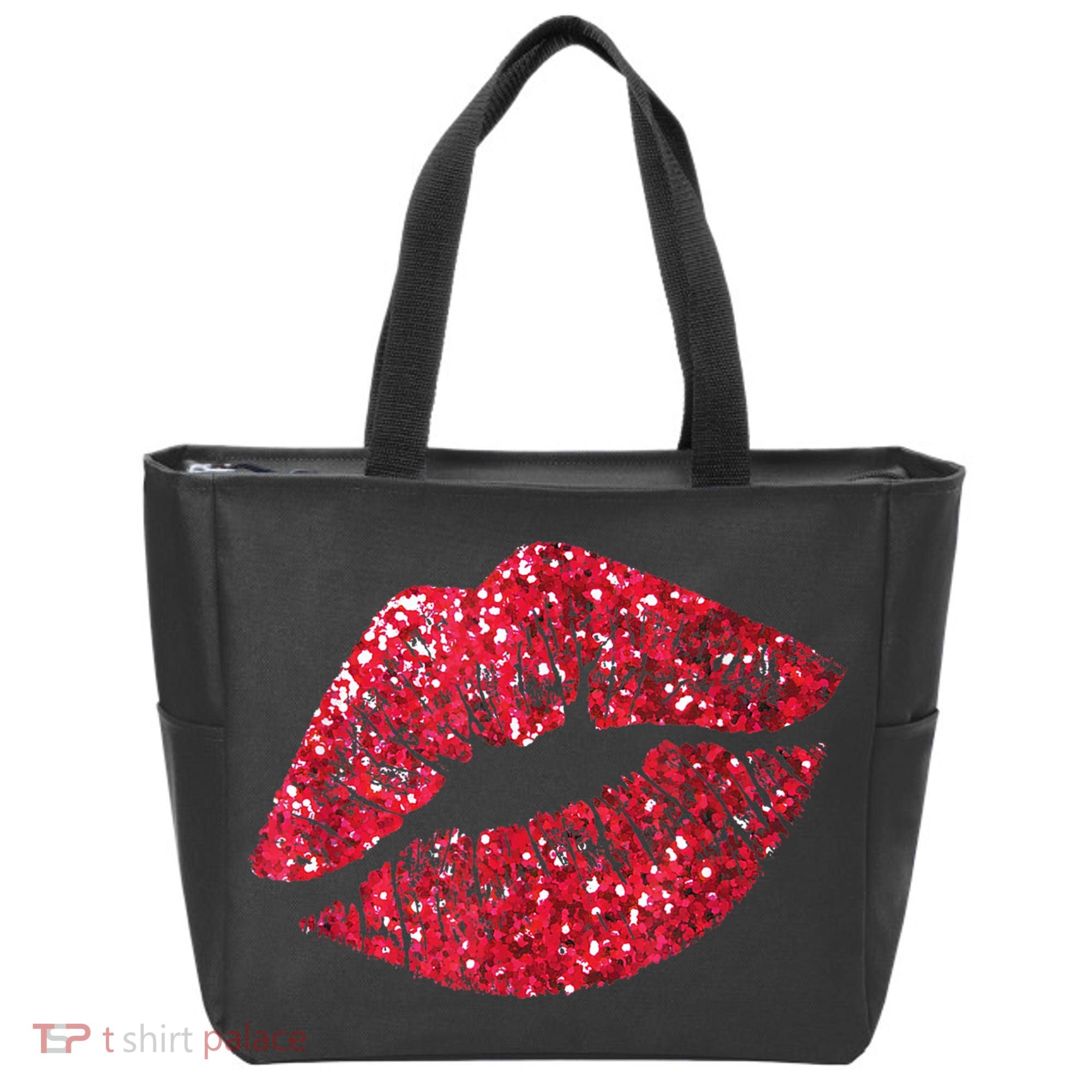 Sexy Red Glitter Lips Kiss Me Love Makeup Lipstick Shirt Tee Tote Bag