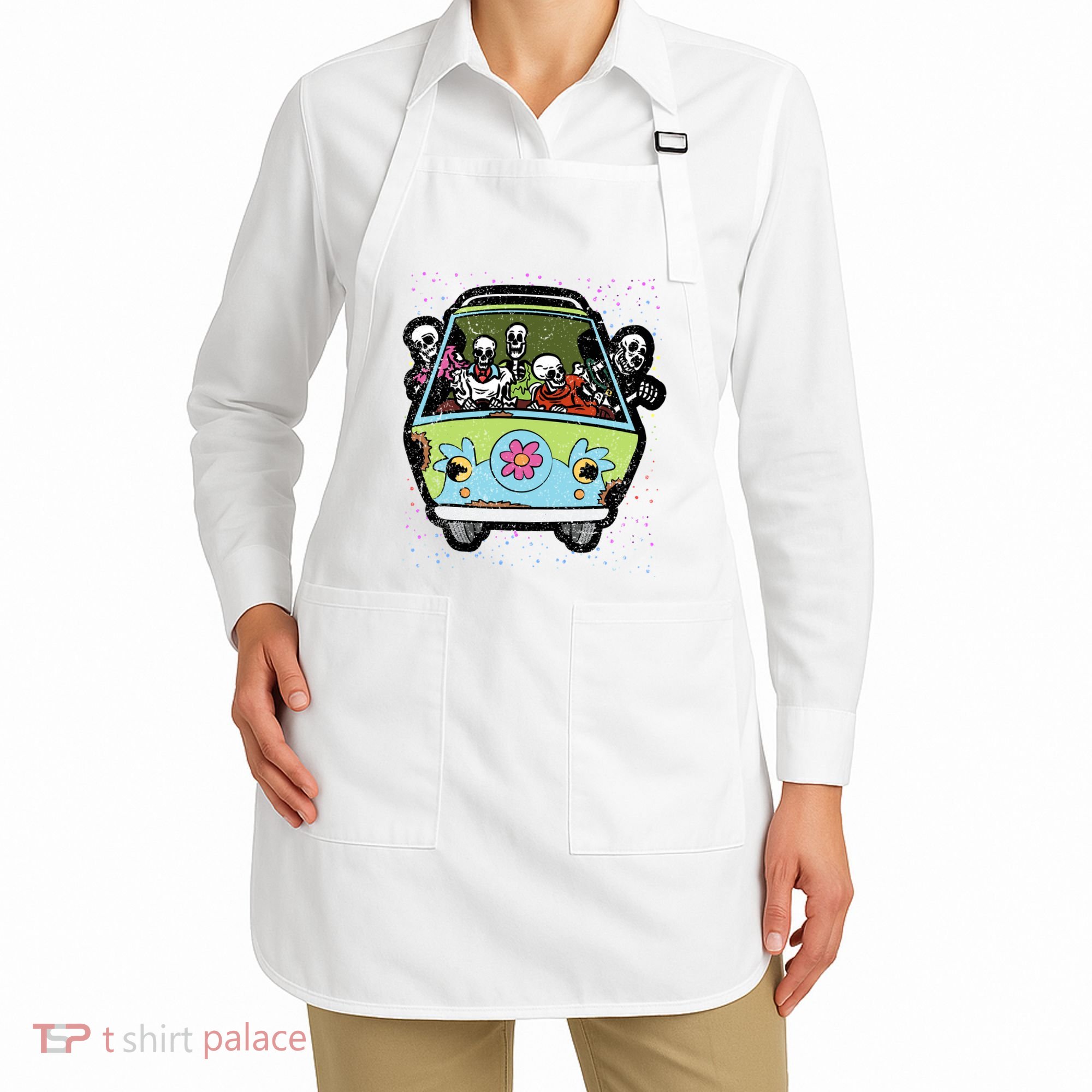 Skeleton Riding Hippie Van Halloween Costume Retro Bones Apron