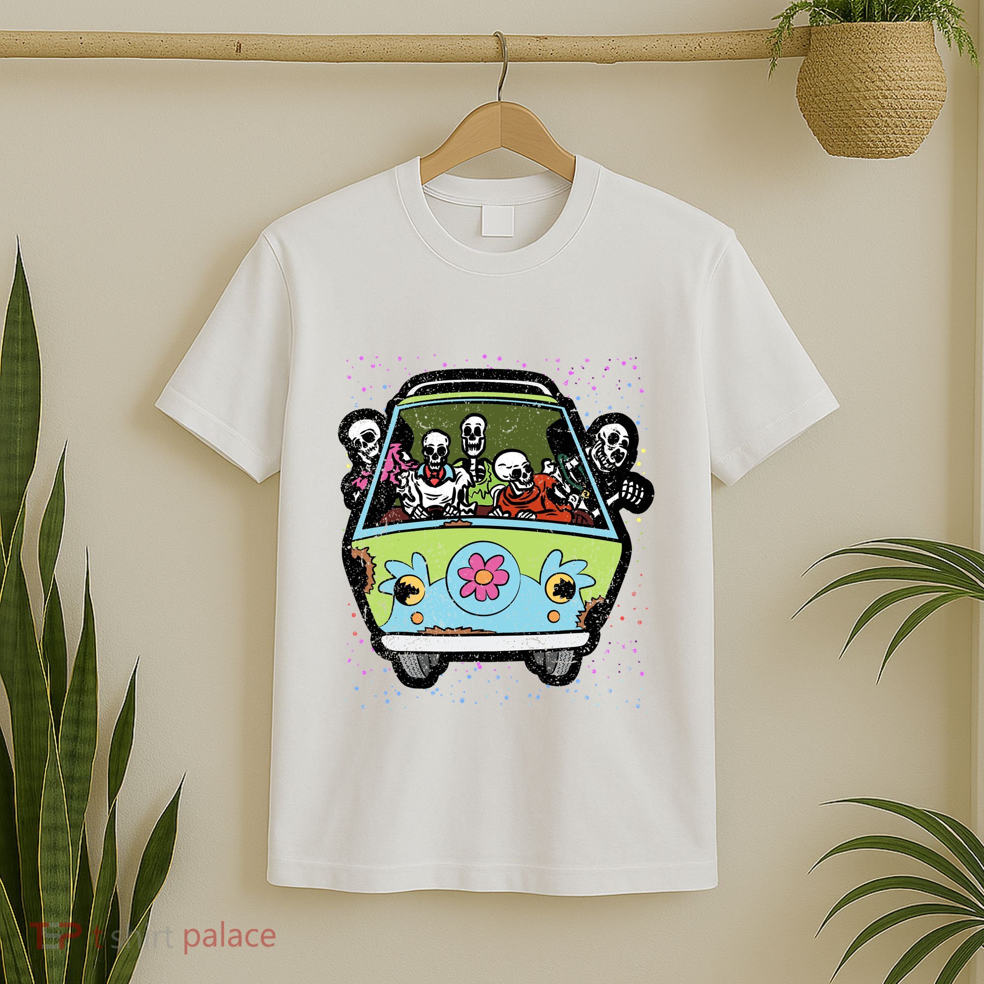 Skeleton Riding Hippie Van Halloween Costume Retro Bones T-Shirt