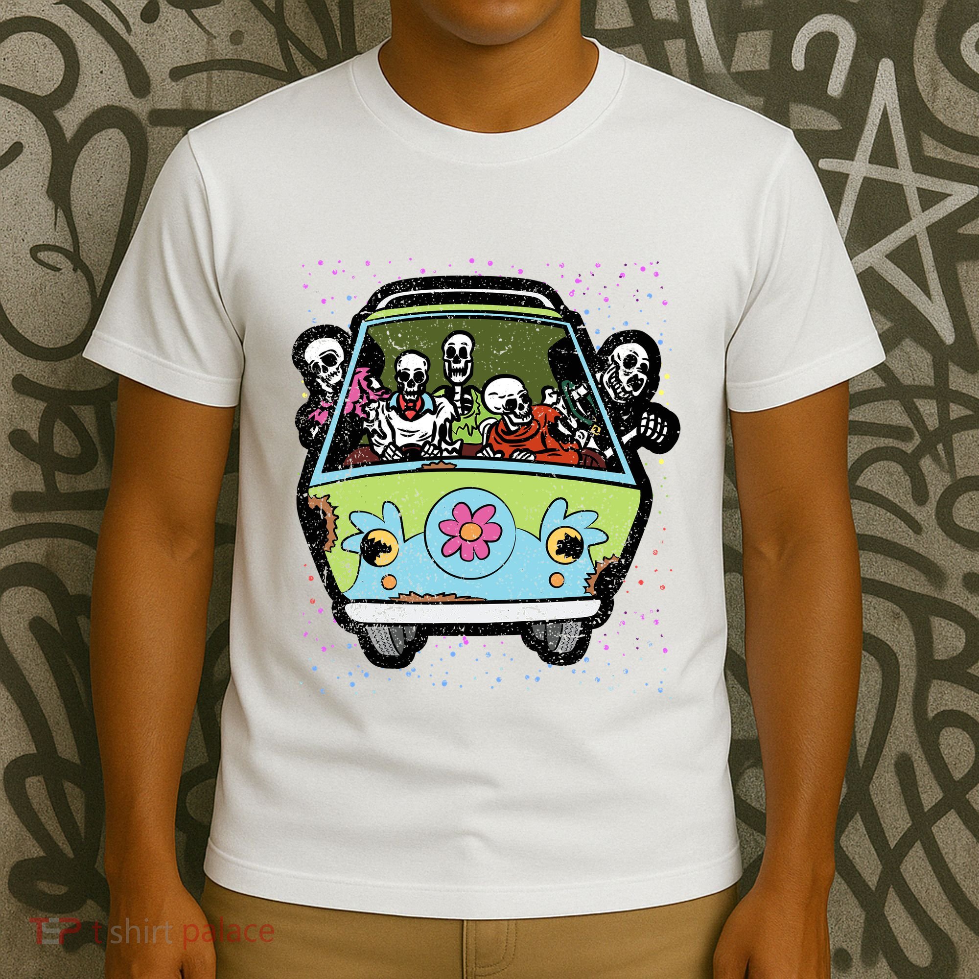 Skeleton Riding Hippie Van Halloween Costume Retro Bones T-Shirt