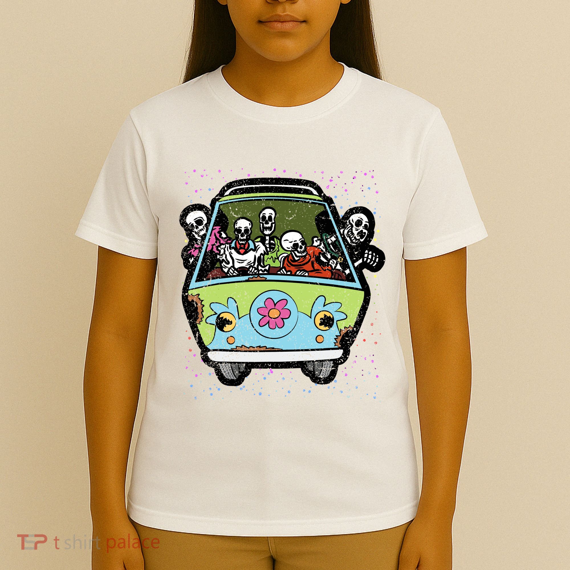 Skeleton Riding Hippie Van Halloween Costume Retro Bones T-Shirt