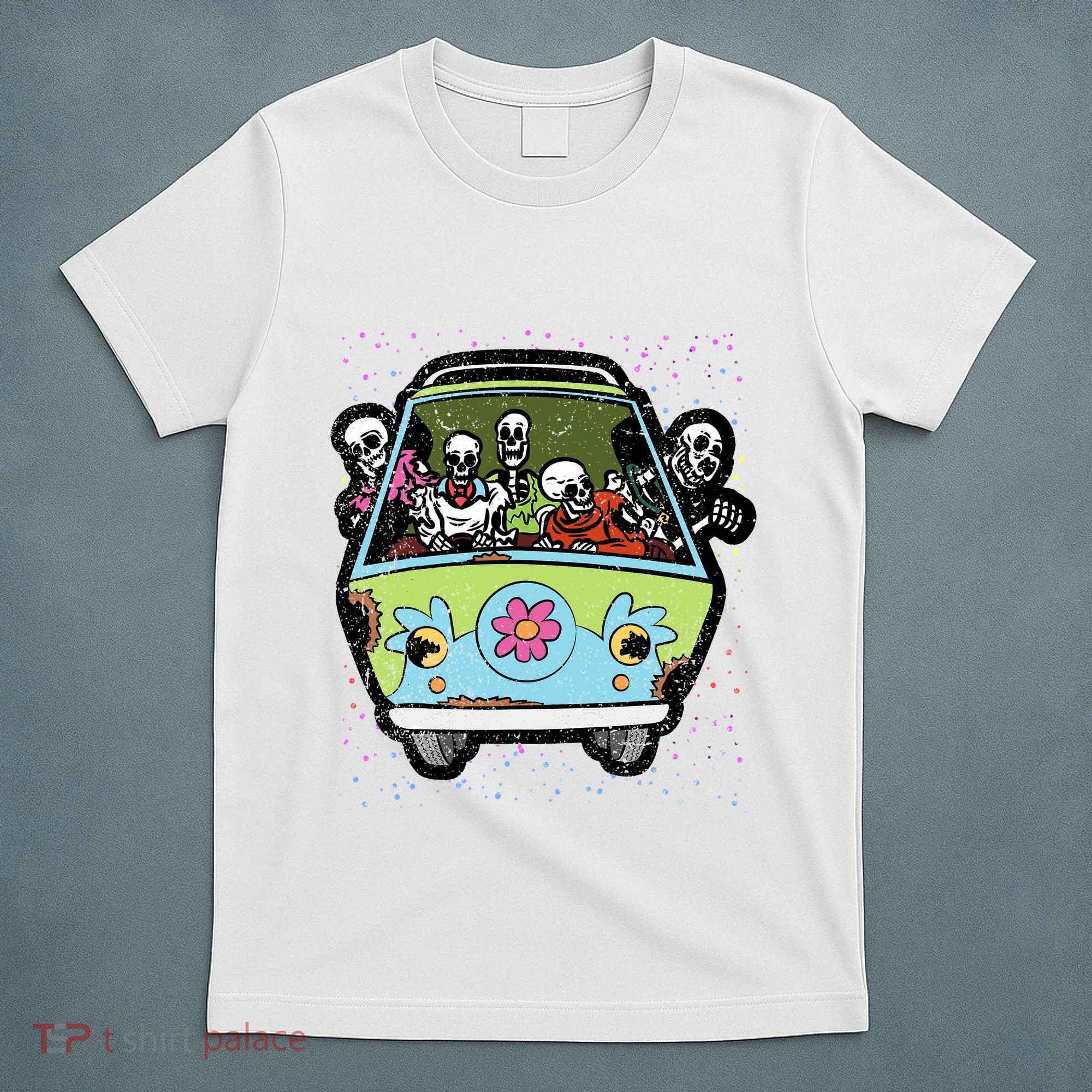 Skeleton Riding Hippie Van Halloween Costume Retro Bones T-Shirt