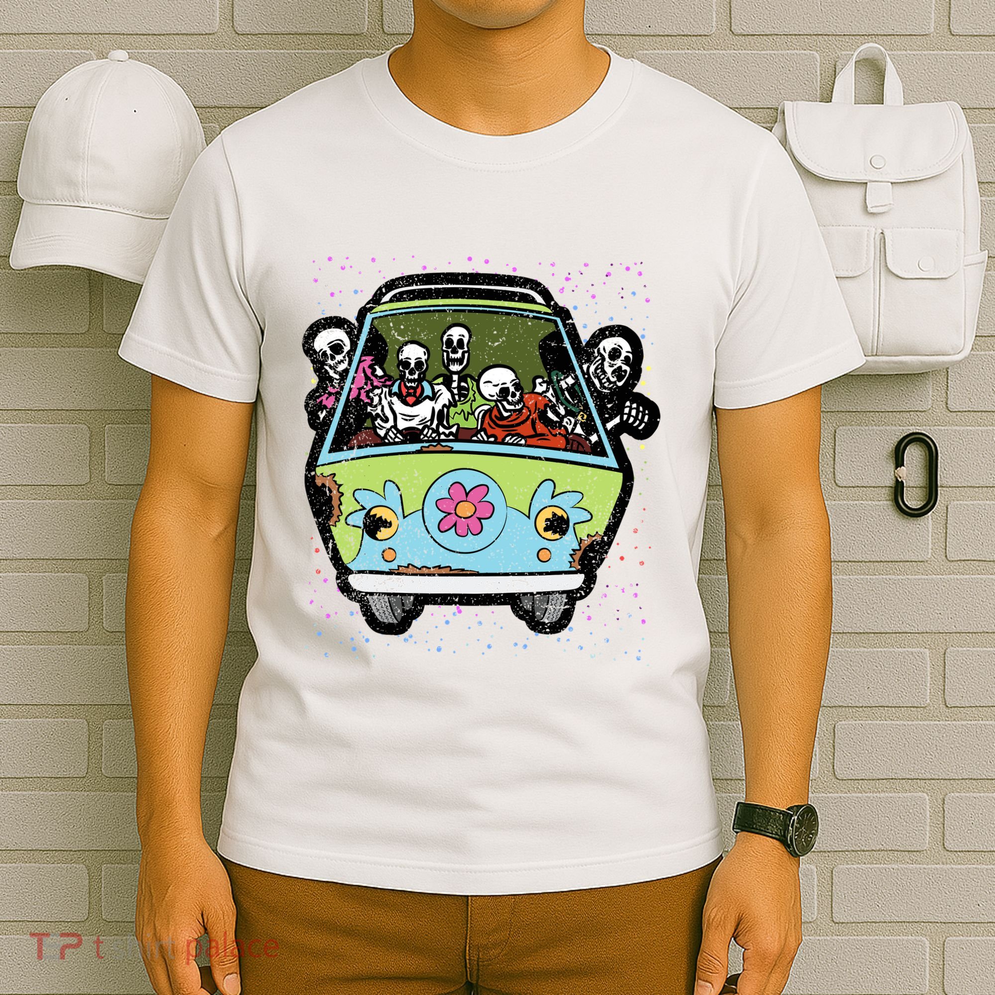 Skeleton Riding Hippie Van Halloween Costume Retro Bones T-Shirt