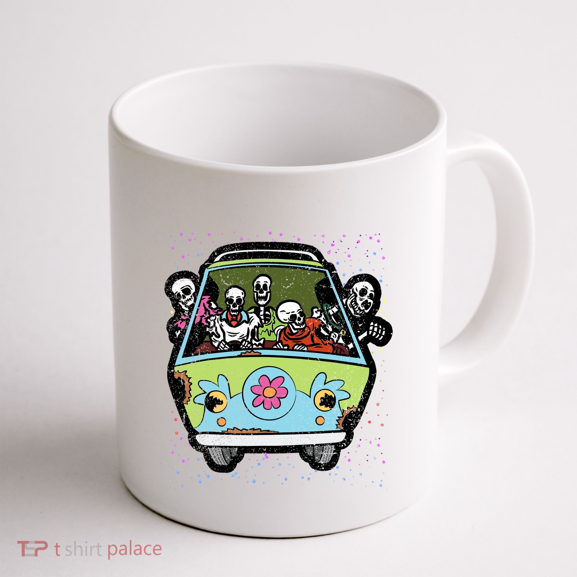 Skeleton Riding Hippie Van Halloween Costume Retro Bones Coffee Mug