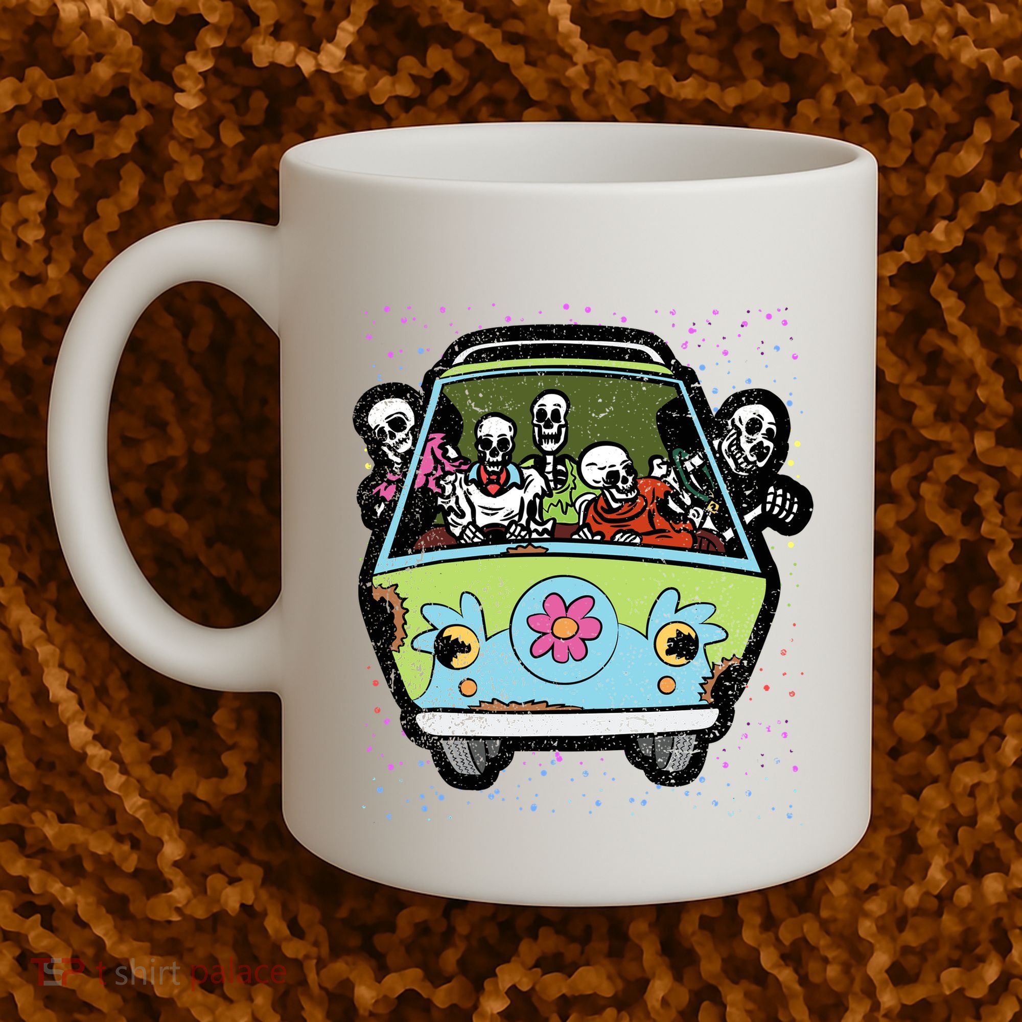 Skeleton Riding Hippie Van Halloween Costume Retro Bones Coffee Mug