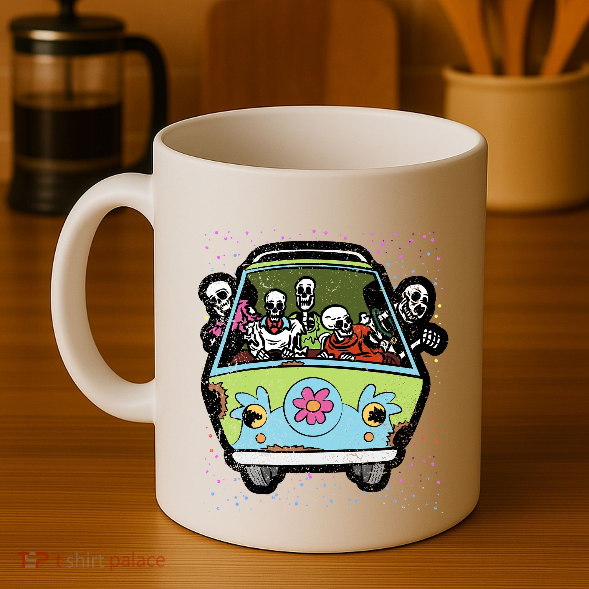 Skeleton Riding Hippie Van Halloween Costume Retro Bones Coffee Mug