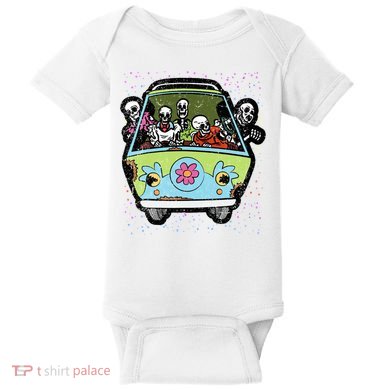 Skeleton Riding Hippie Van Halloween Costume Retro Bones Baby Bodysuit