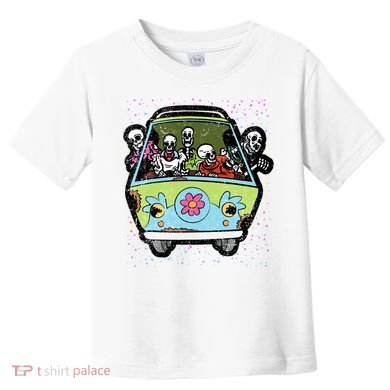 Skeleton Riding Hippie Van Halloween Costume Retro Bones Toddler T-Shirt