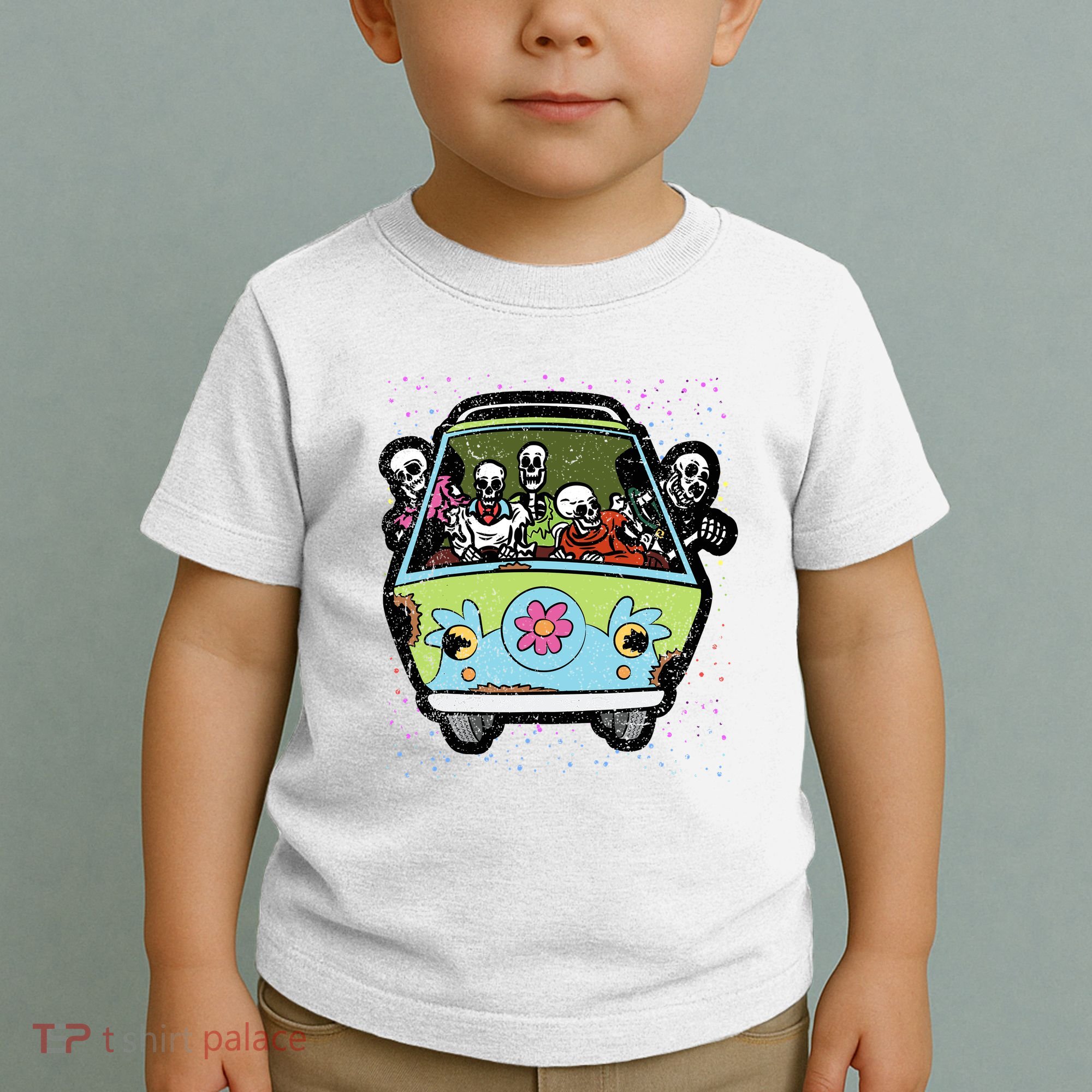 Skeleton Riding Hippie Van Halloween Costume Retro Bones Toddler T-Shirt