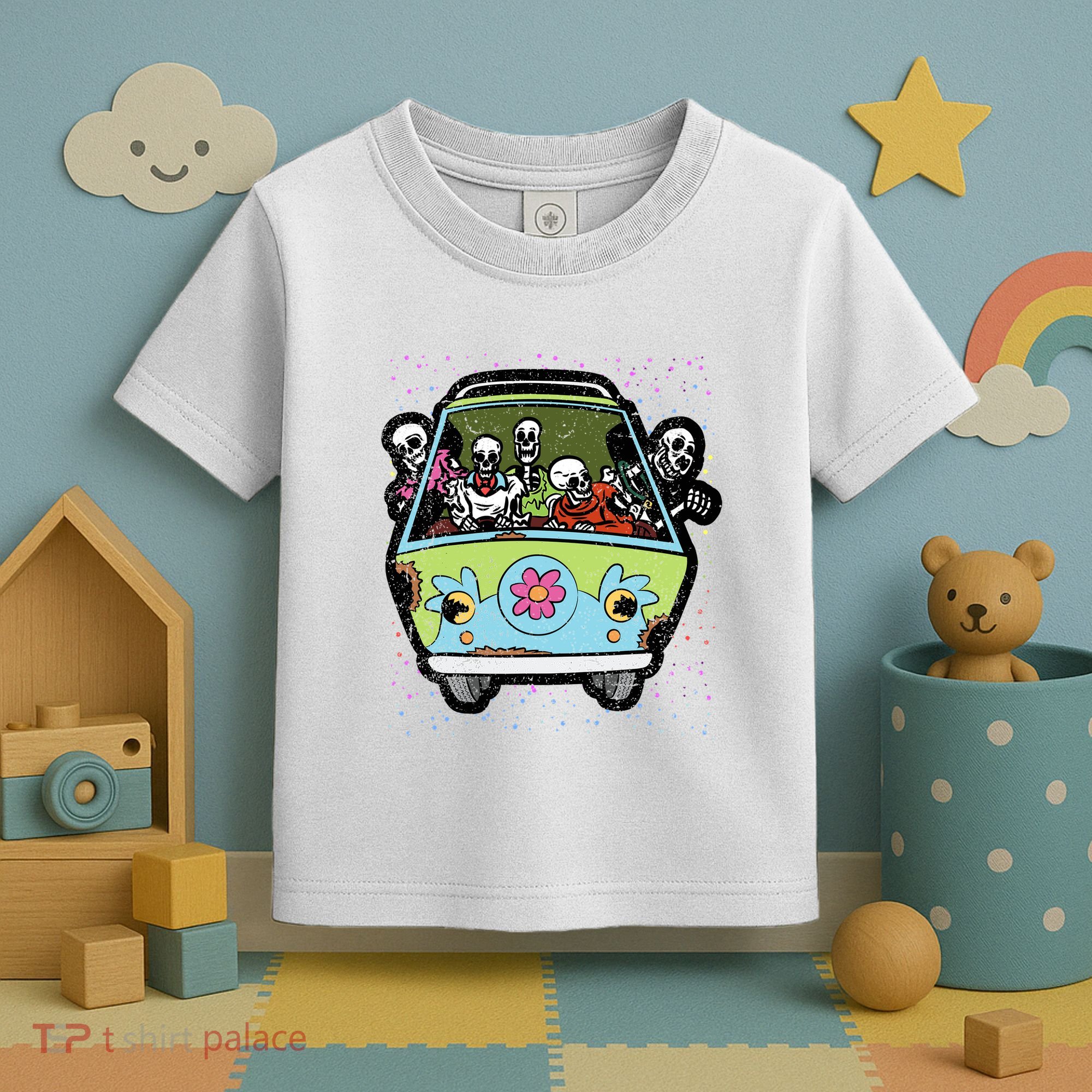 Skeleton Riding Hippie Van Halloween Costume Retro Bones Toddler T-Shirt