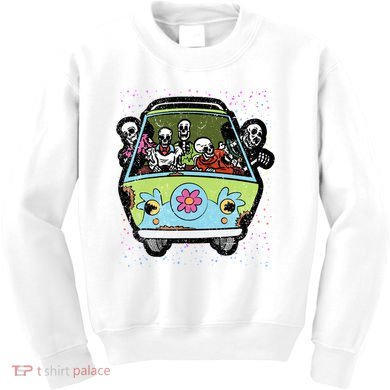 Skeleton Riding Hippie Van Halloween Costume Retro Bones Kids Sweatshirt