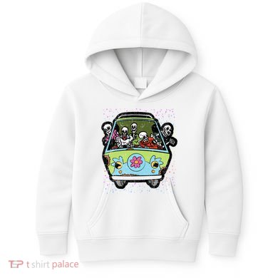 Skeleton Riding Hippie Van Halloween Costume Retro Bones Kids Hoodie