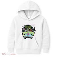 Skeleton Riding Hippie Van Halloween Costume Retro Bones Kids Hoodie thumb 0