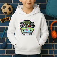 Skeleton Riding Hippie Van Halloween Costume Retro Bones Kids Hoodie thumb 2