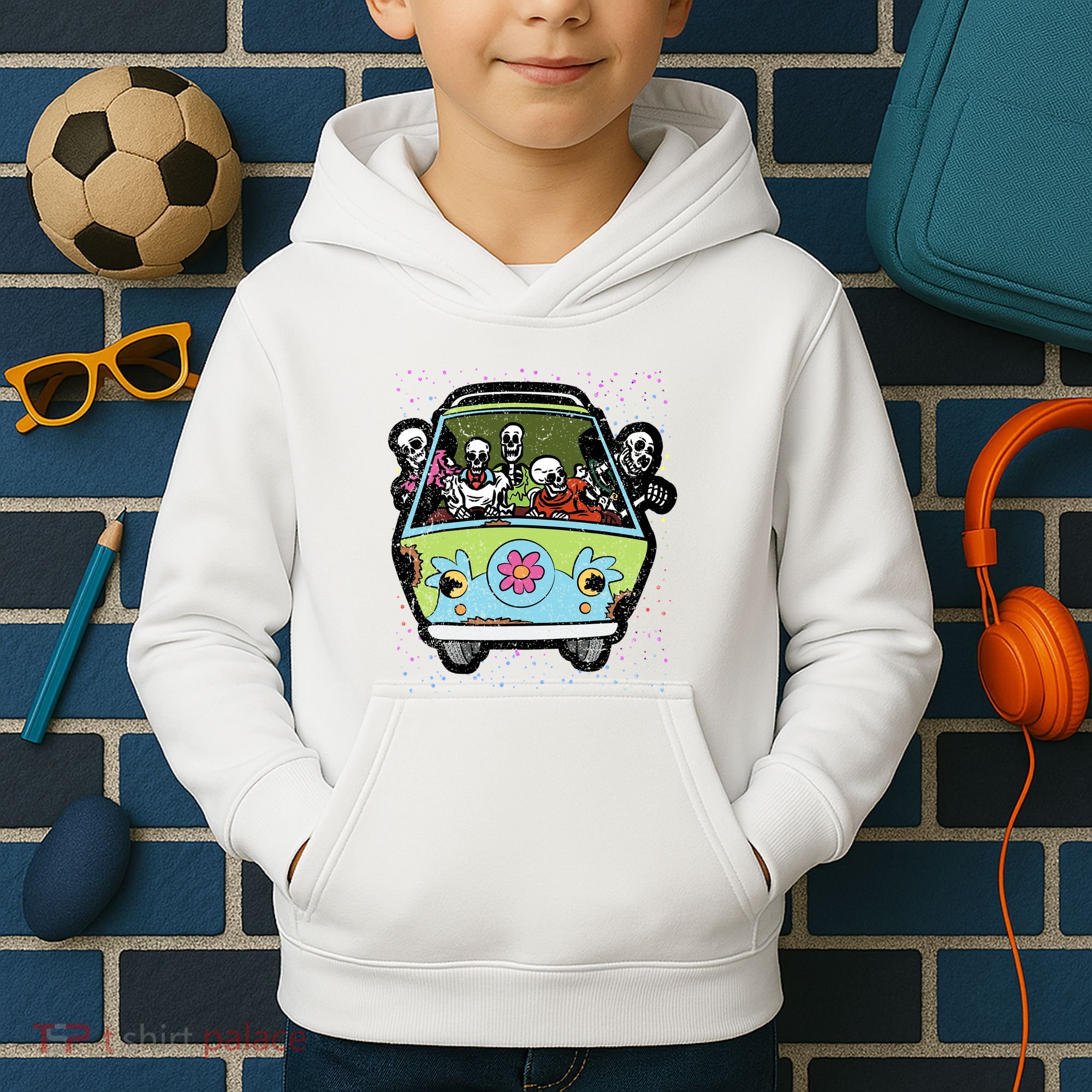 Skeleton Riding Hippie Van Halloween Costume Retro Bones Kids Hoodie
