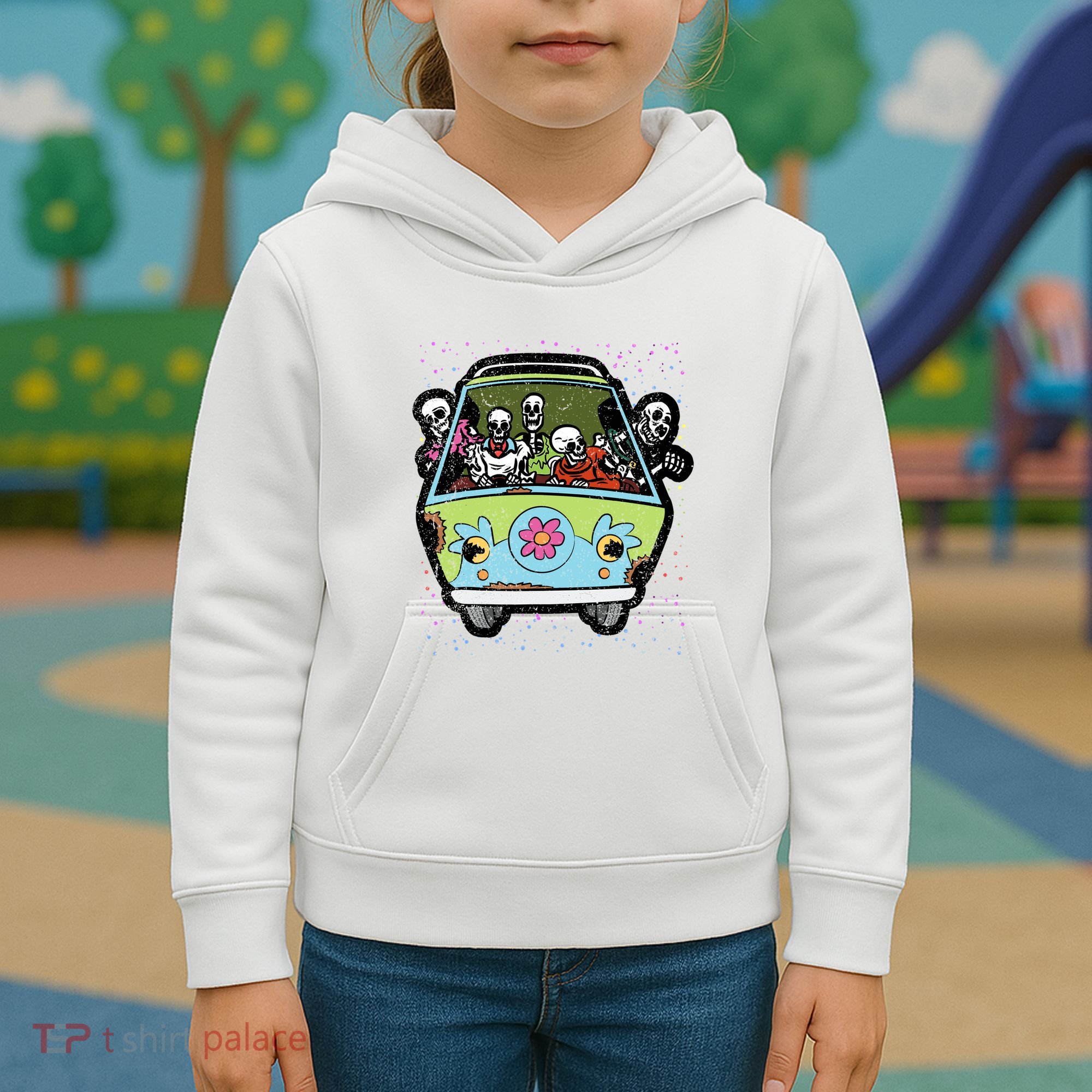 Skeleton Riding Hippie Van Halloween Costume Retro Bones Kids Hoodie