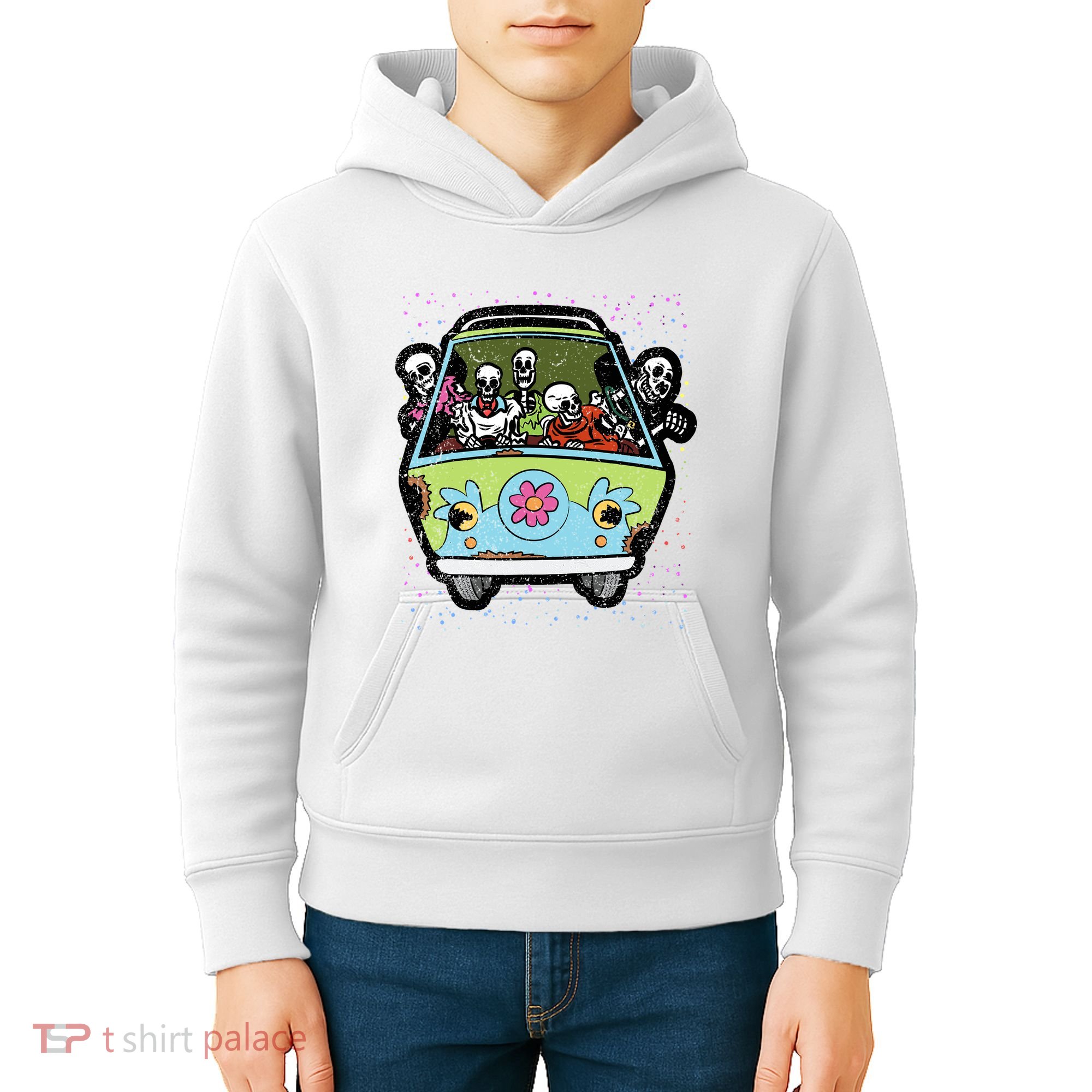 Skeleton Riding Hippie Van Halloween Costume Retro Bones Kids Hoodie