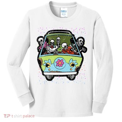 Skeleton Riding Hippie Van Halloween Costume Retro Bones Kids Long Sleeve Shirt