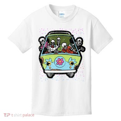 Skeleton Riding Hippie Van Halloween Costume Retro Bones Kids T-Shirt